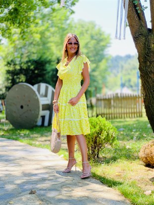 V Yaka Sarı Gipeli Elbise