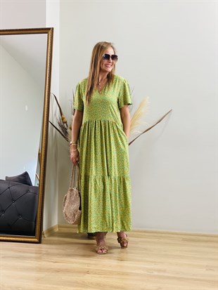 V Yaka Yeşil Çıtır Desen Uzun  Elbise