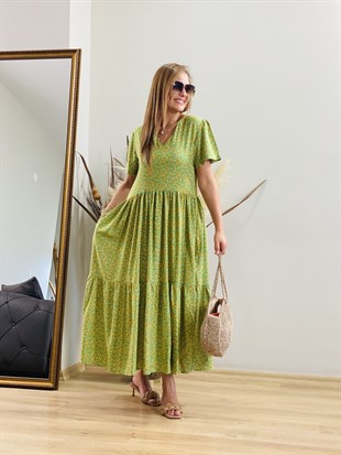 V Yaka Yeşil Çıtır Desen Uzun  Elbise