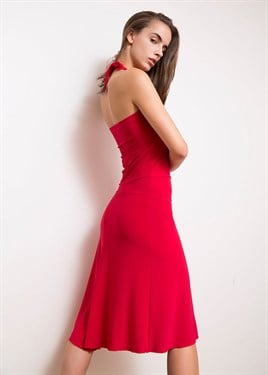 Kırmızı koton likra boyundan bağlı tango ve günlük elbise