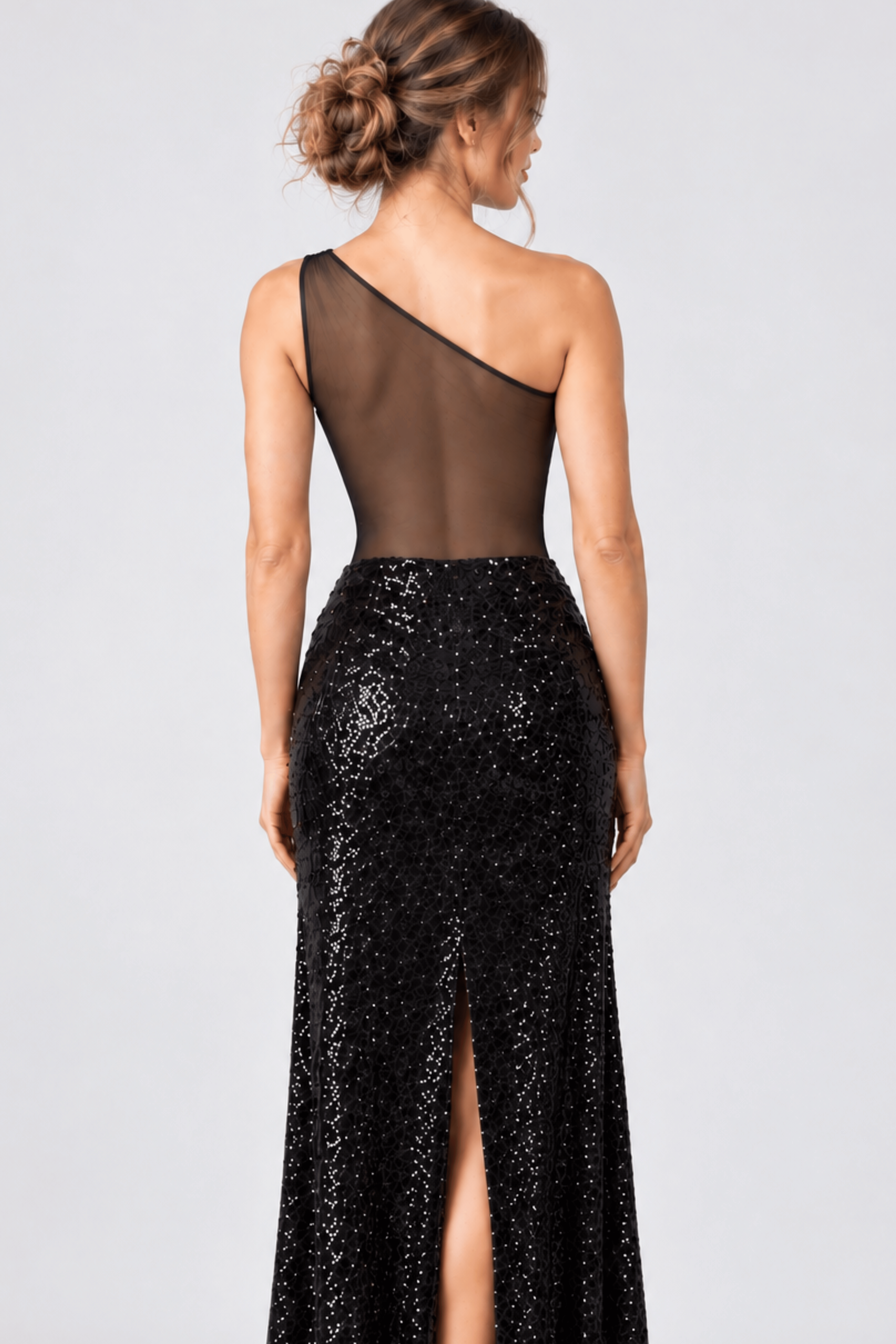 Black One Shoulder Lycra Sequin and Tulle Tango Dress
