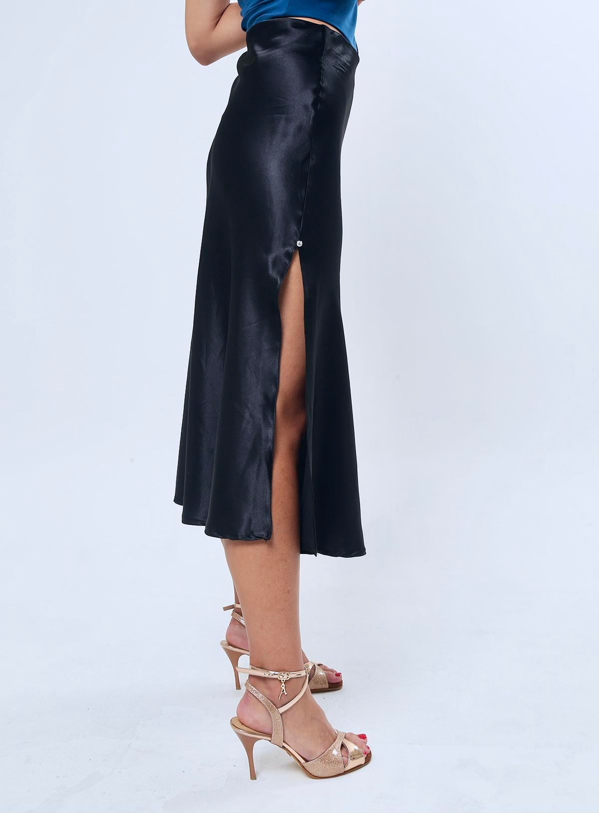 Black Satin Flared Skirt, side slid