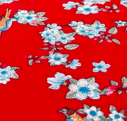 Flowers On Red Printed Cotton Lycra - Ks