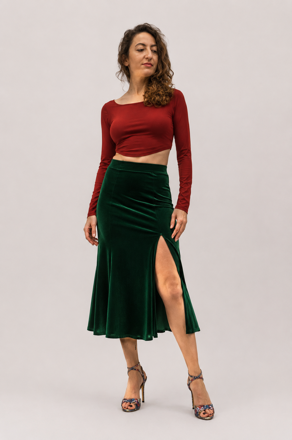 Green Velvet Cotton Lycra Six Panel Tango Skirt Flor