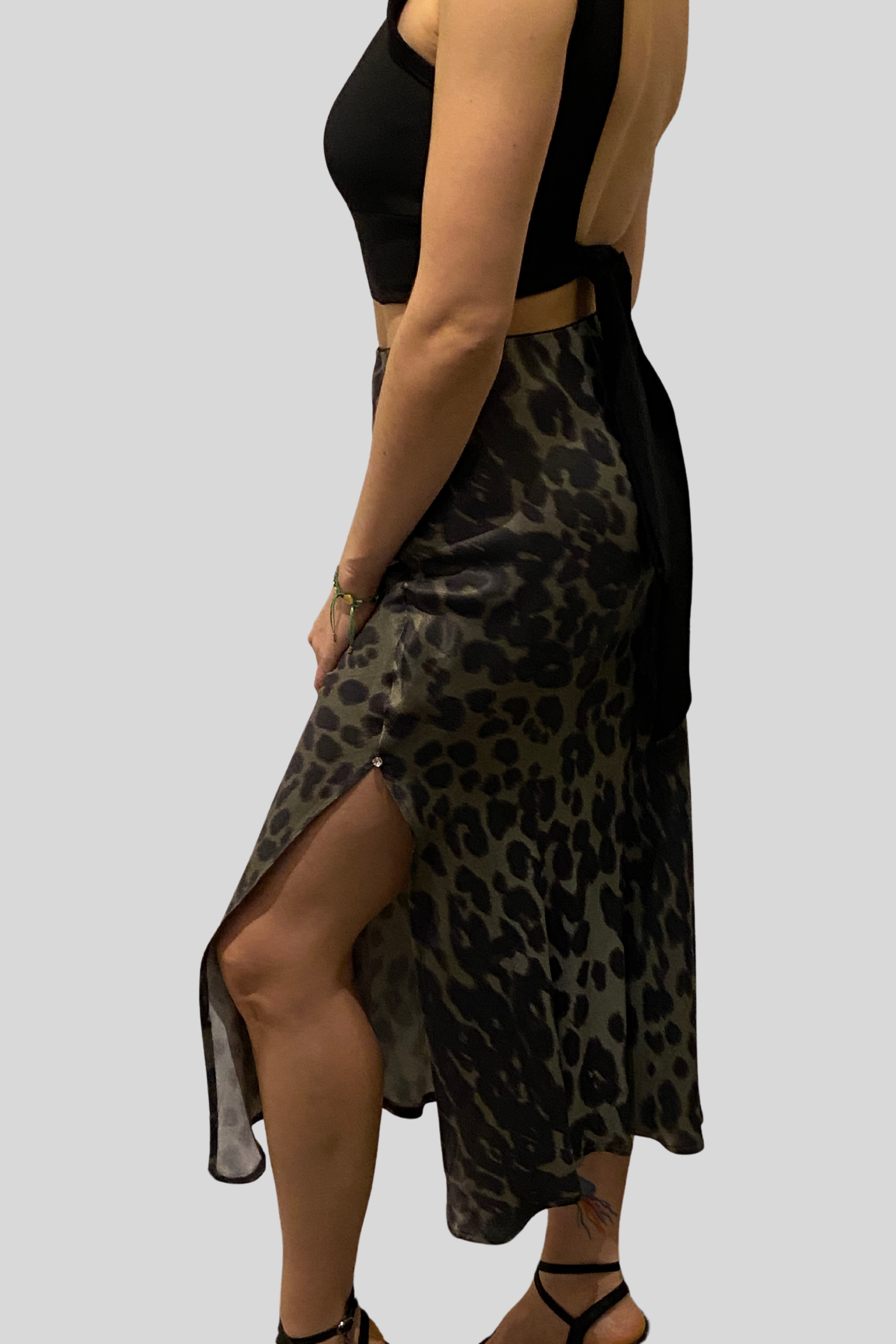 Leopard Satin Flared Skirt, side slid