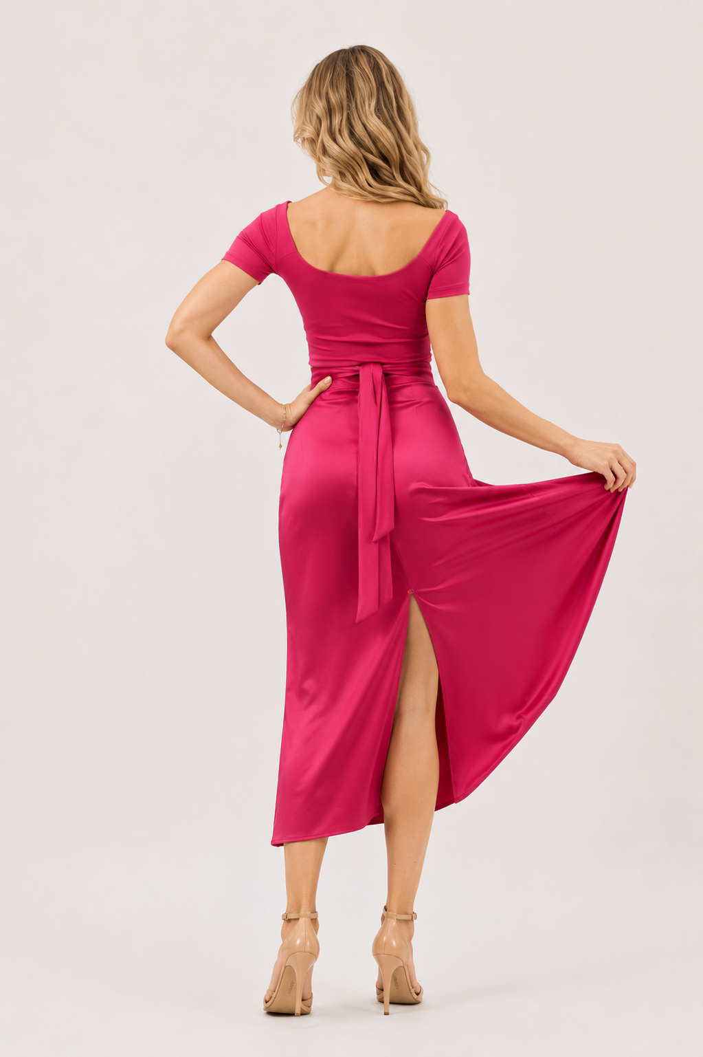 Pink Silk Satin Tango Skirt Isabella with Front and Back Slid