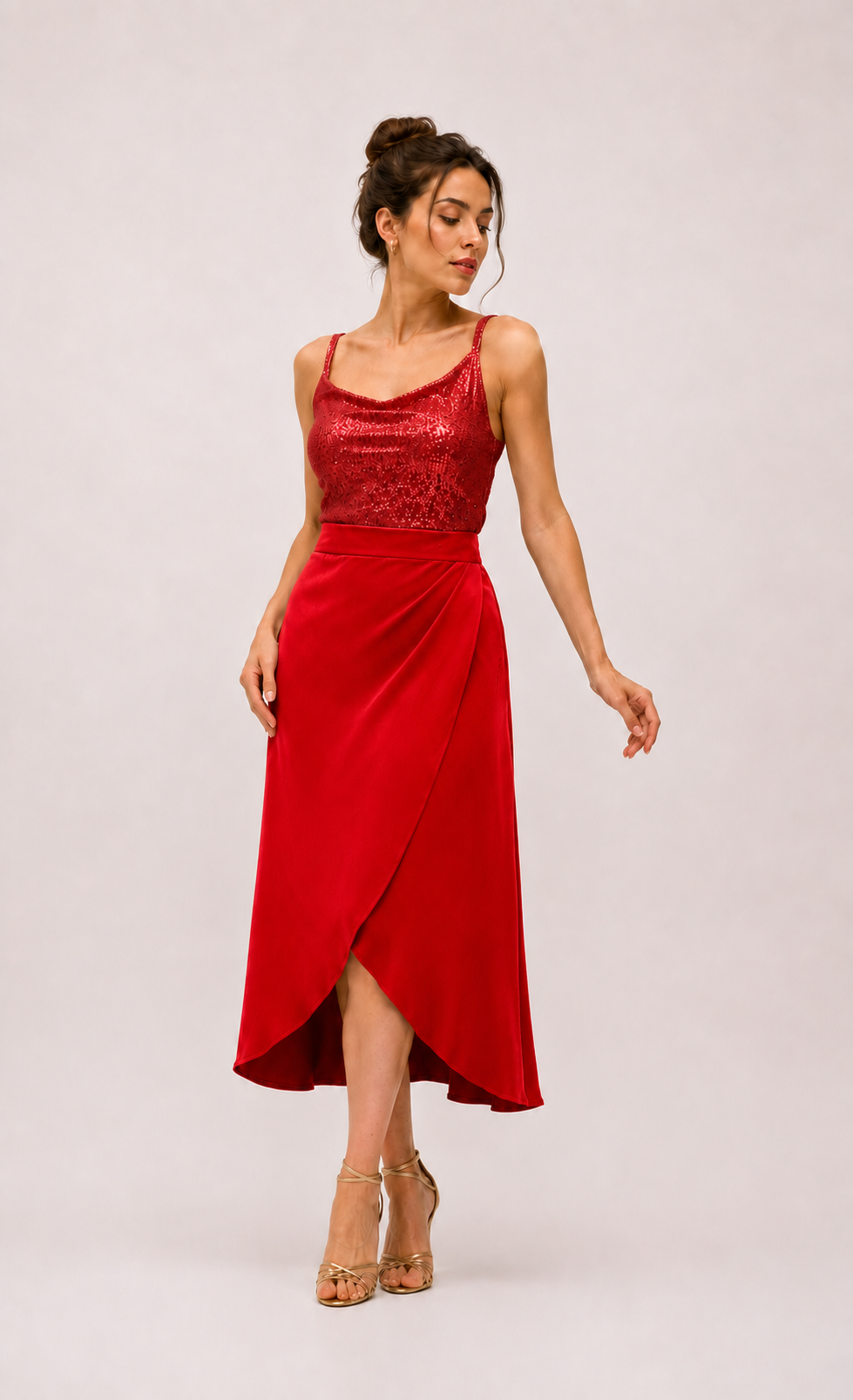 Red Crepe Wrap-Over Flared Tango Skirt