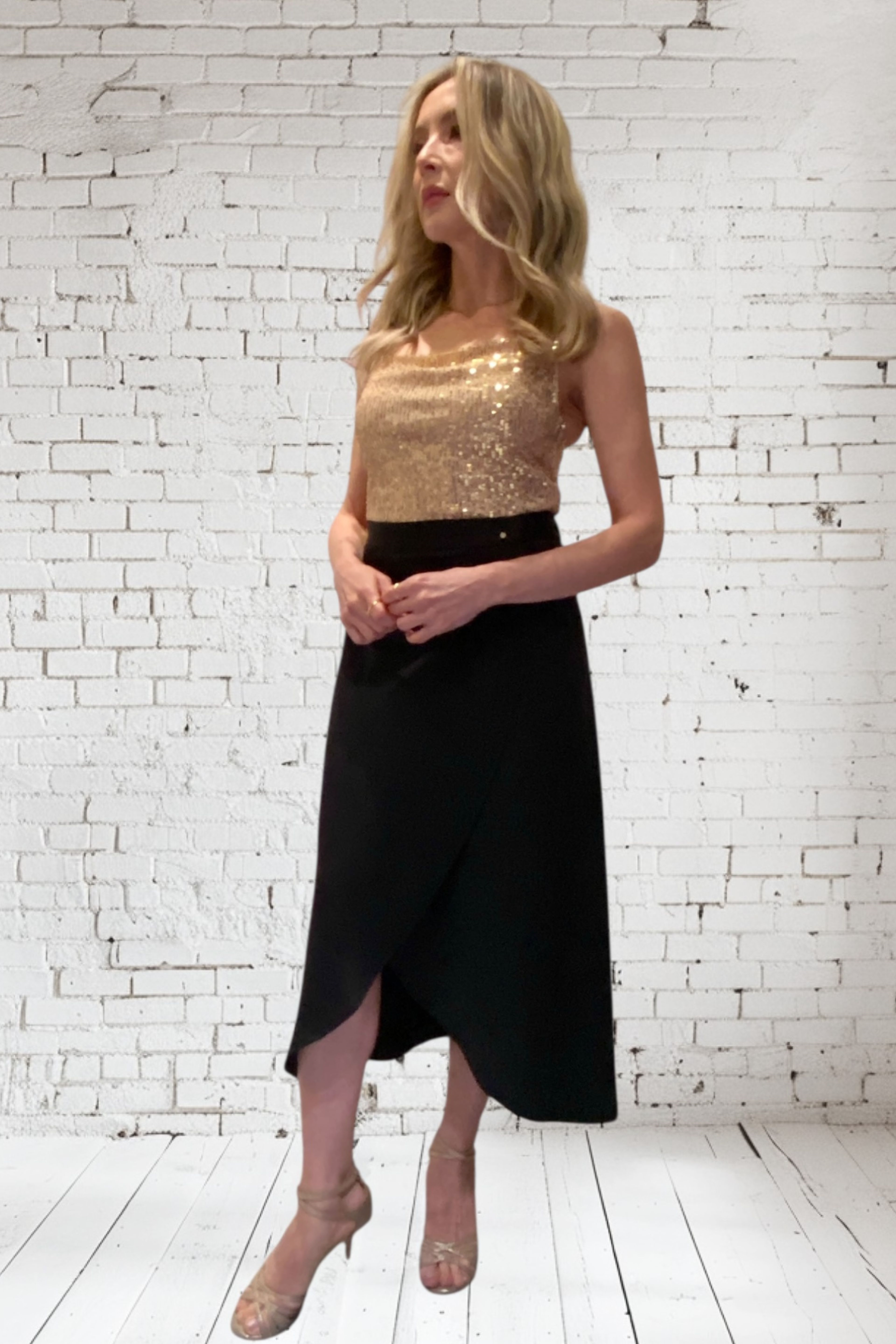 Satin Crepe Wrap-Over Tango Skirt with Back Slid