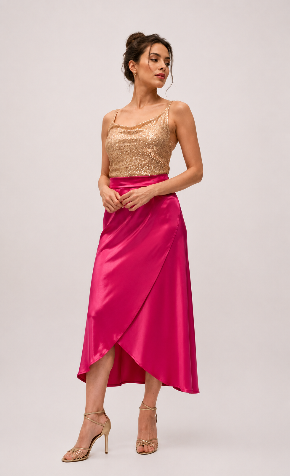 Silk Satin Wrap-Over Flared Tango Skirt