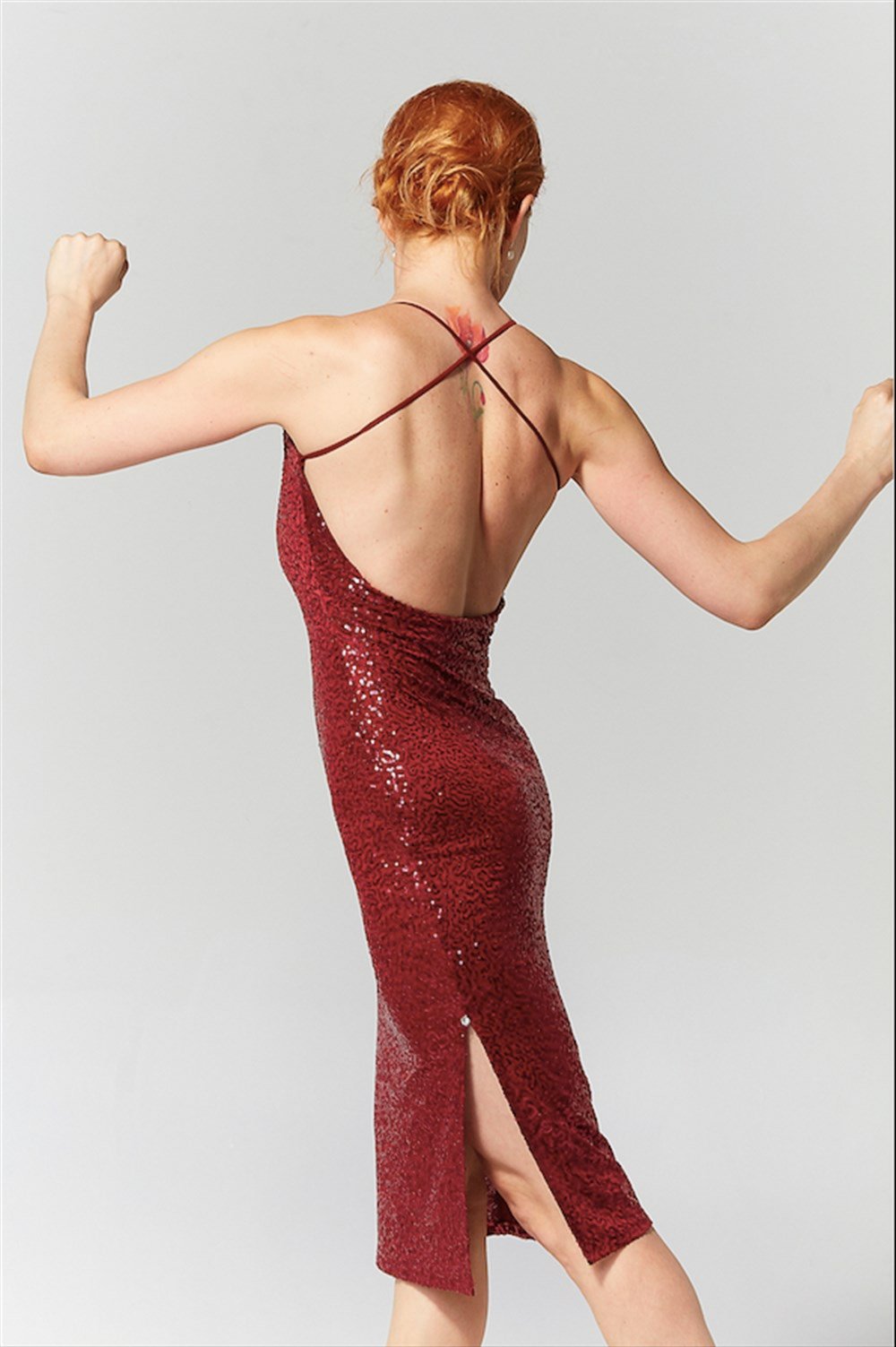 Bordo Payetli İnce Askılı Sırt Açık Elbise Hulya