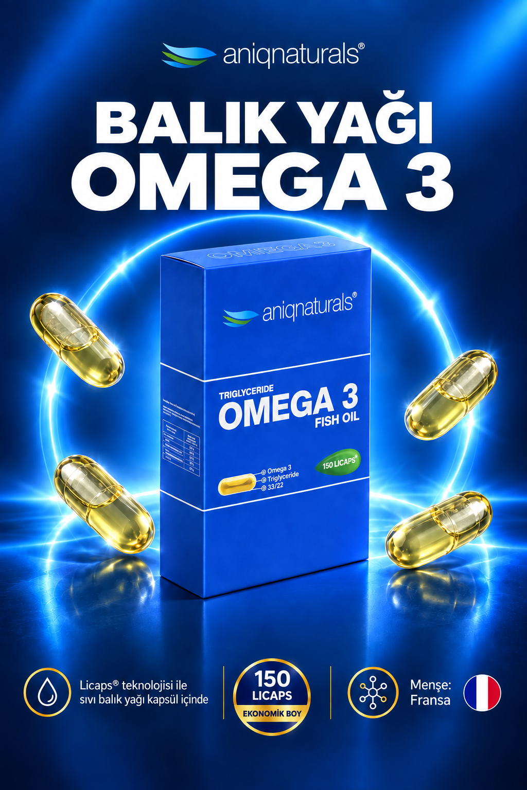 Aniqnaturals Omega 3 Fish Oil 150 Premium Omega 3 Balık Yağı – EPA DHA İçeren Günlük Omega 3 Takviyesi – Yumuşak Kapsül Form