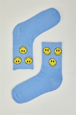 Smiley Gülücük Desenli Dikişsiz Mavi Soket Çorap