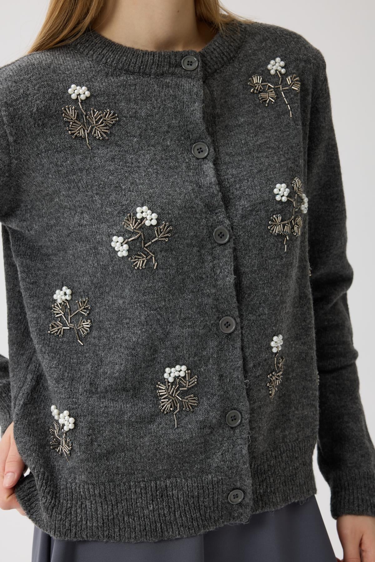 İşlemeli Triko Hırka Antrasit 