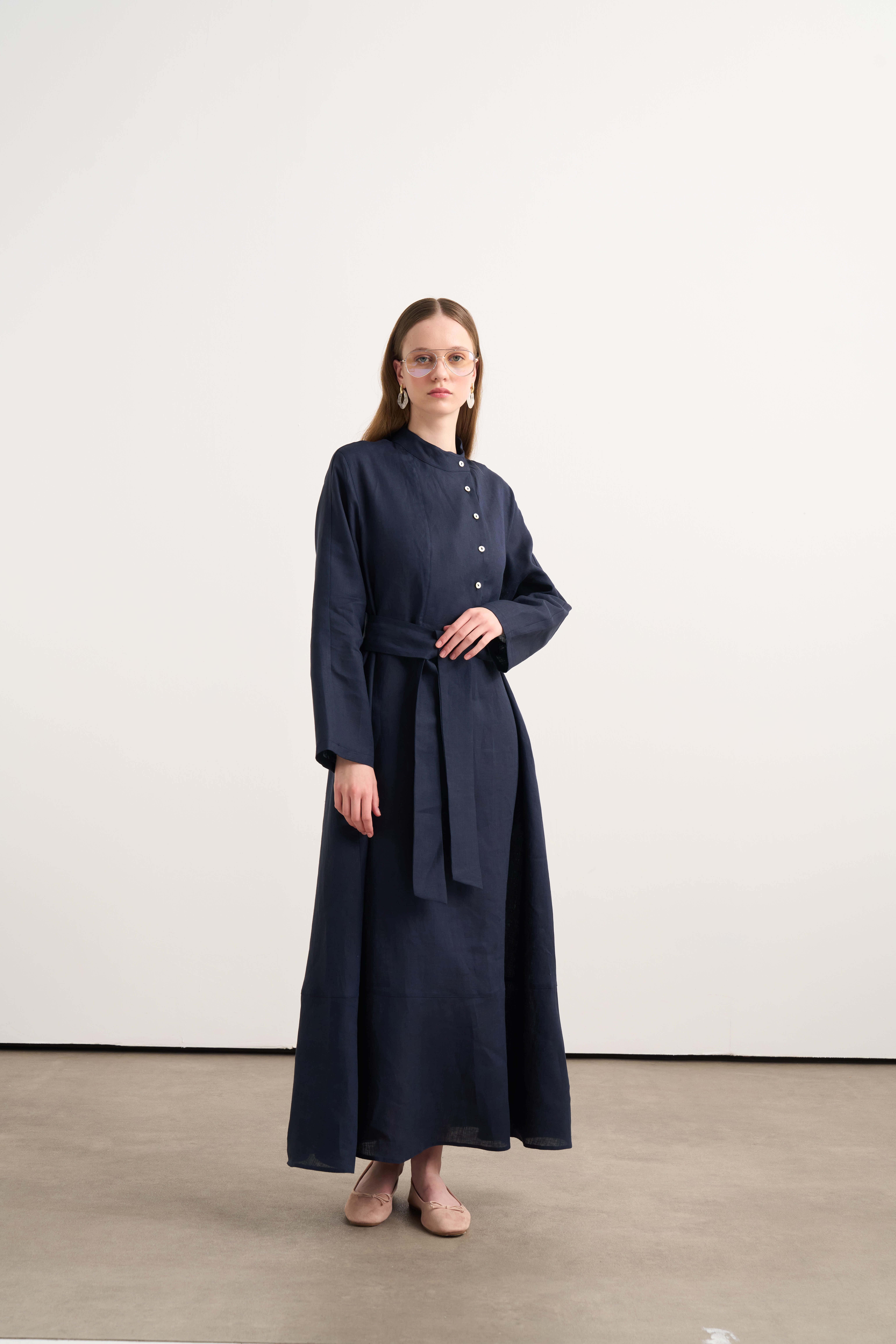 Linen Elbise Lacivert