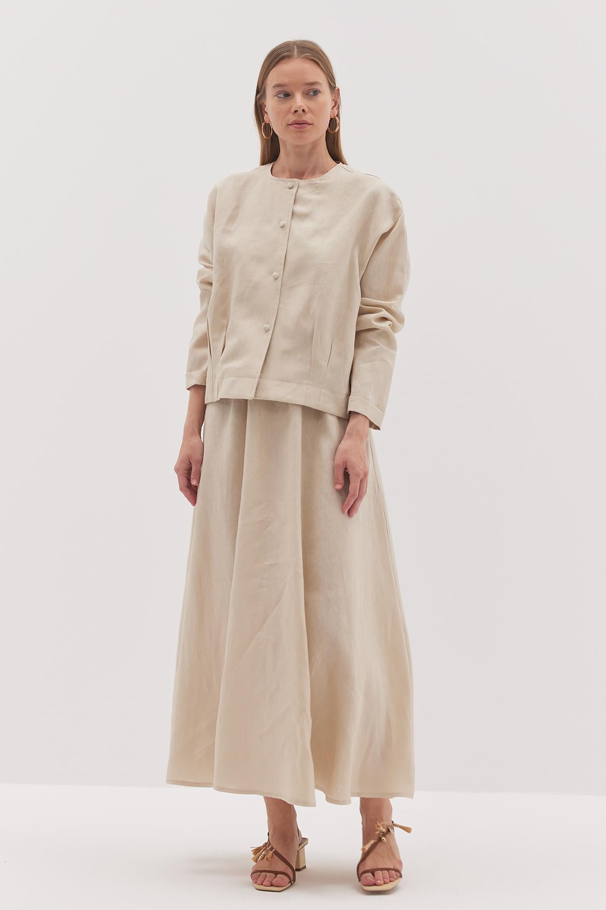Linen Etekli Takım Bej