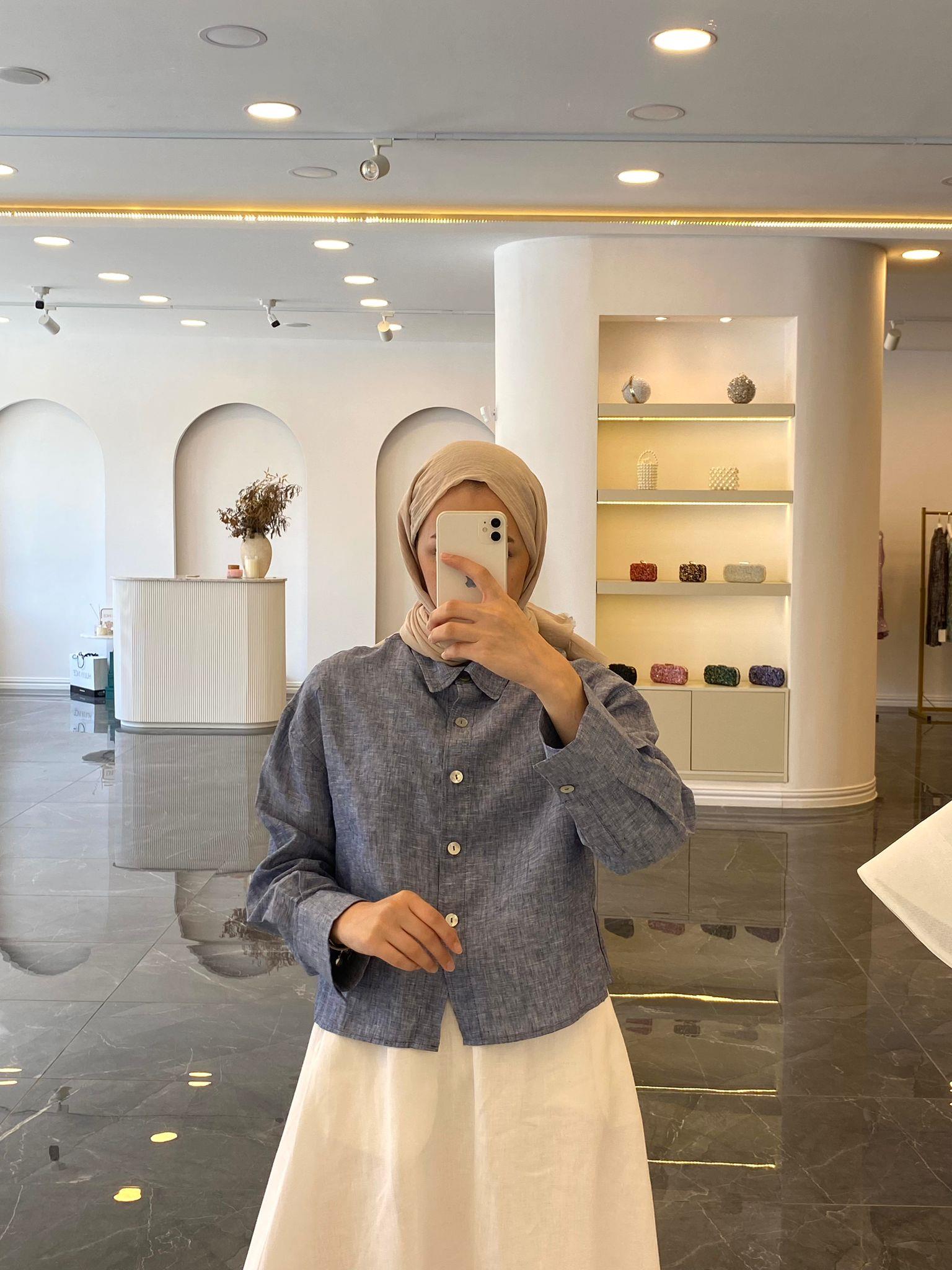 Linen Kısa Gömlek Mavi