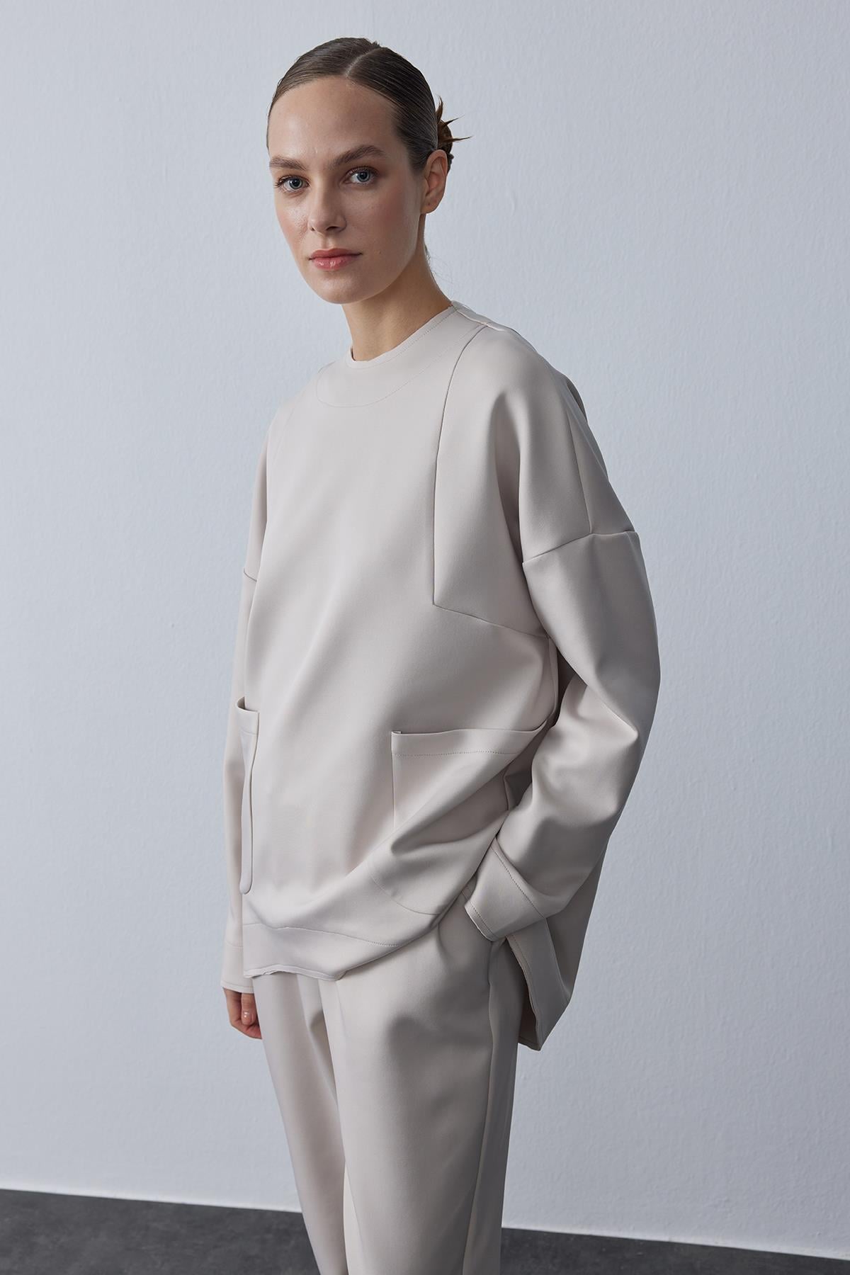 Dikişli Scuba Sweat Bej