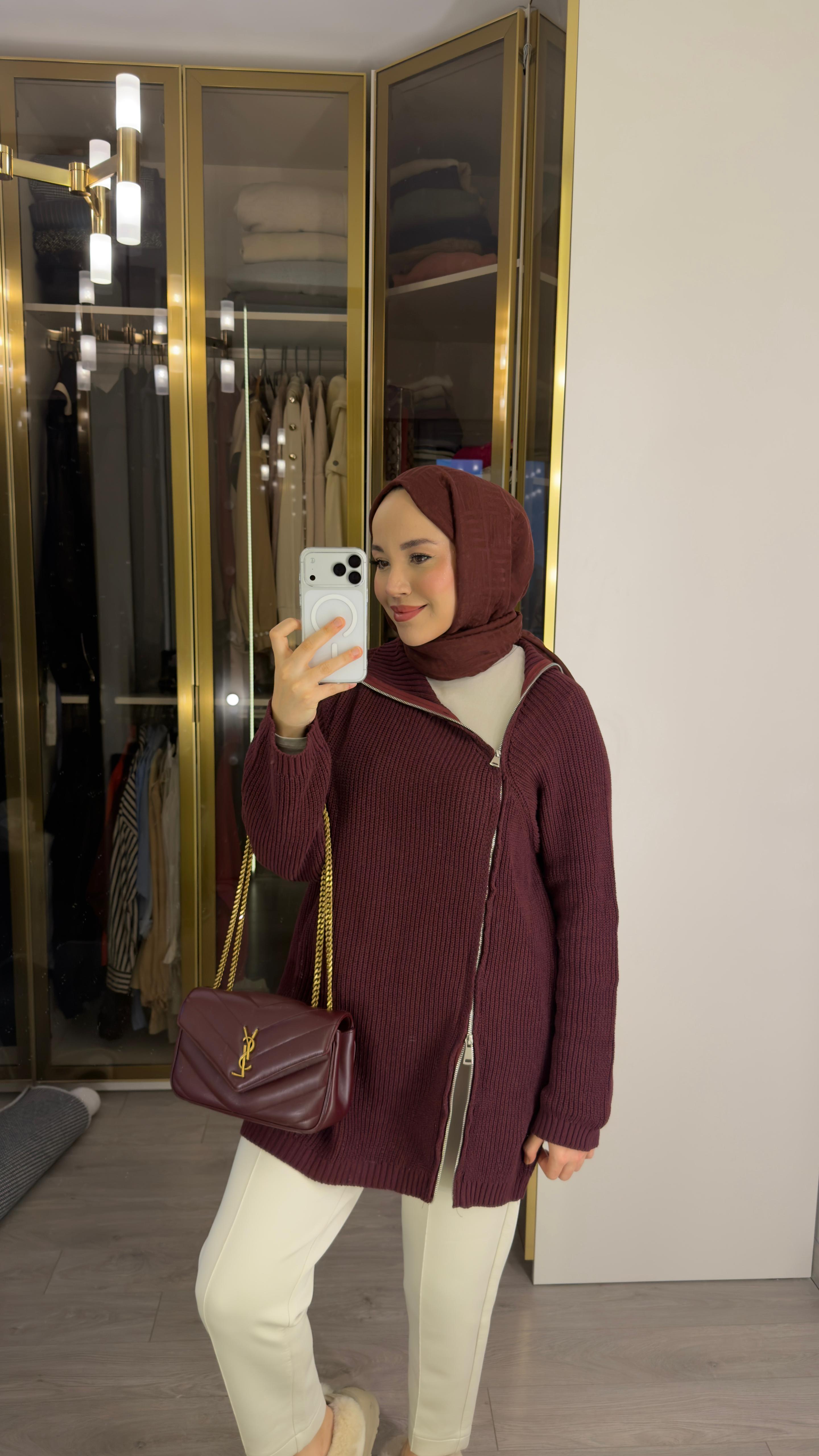 Fermuarlı Bordo Triko Kazak