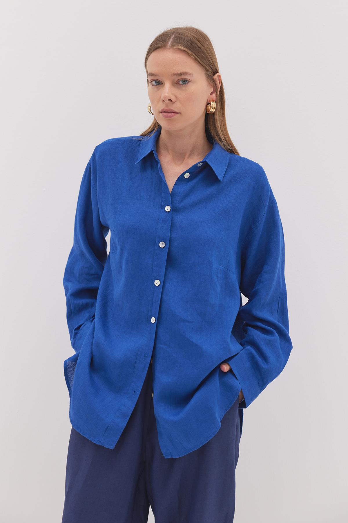 Linen Basic Gömlek Saks Mavisi