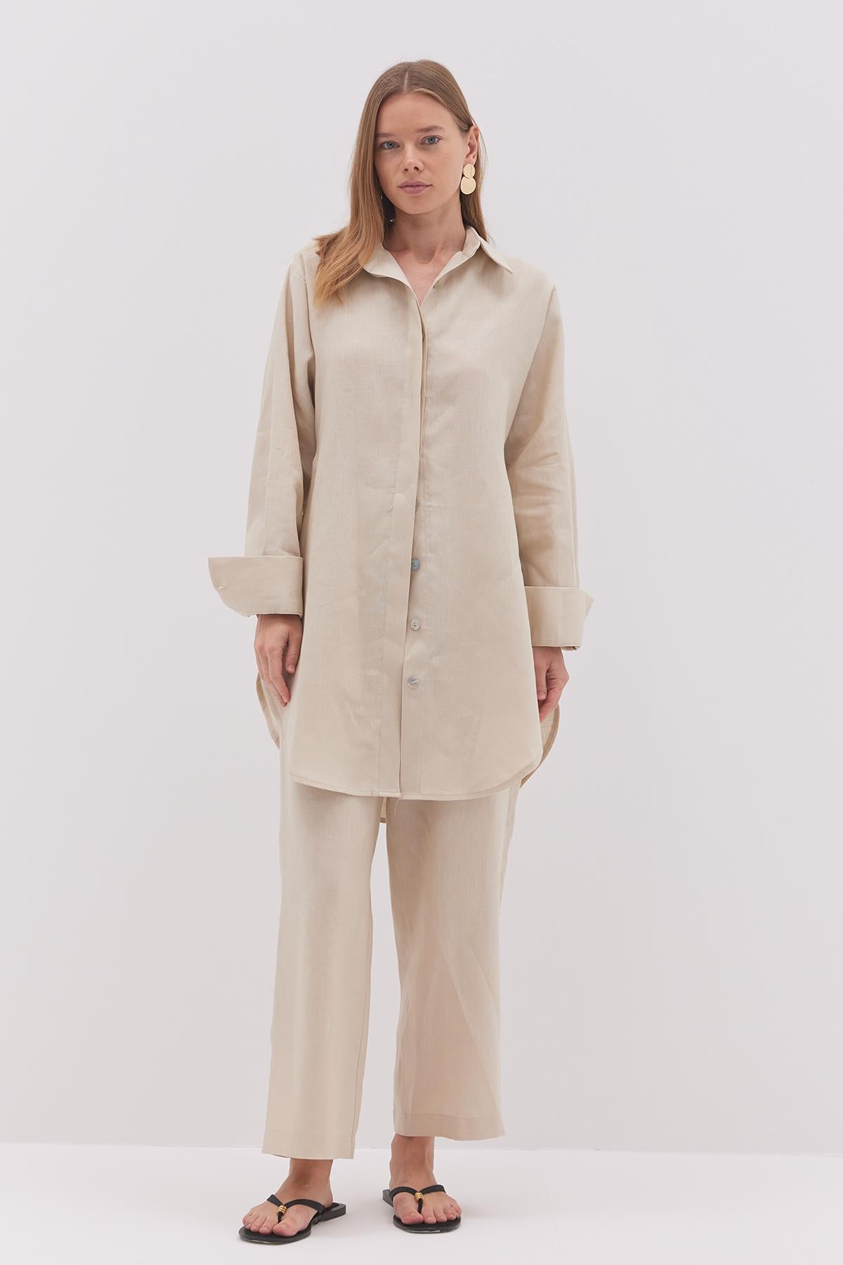 Linen Keten Gömlek - Bej