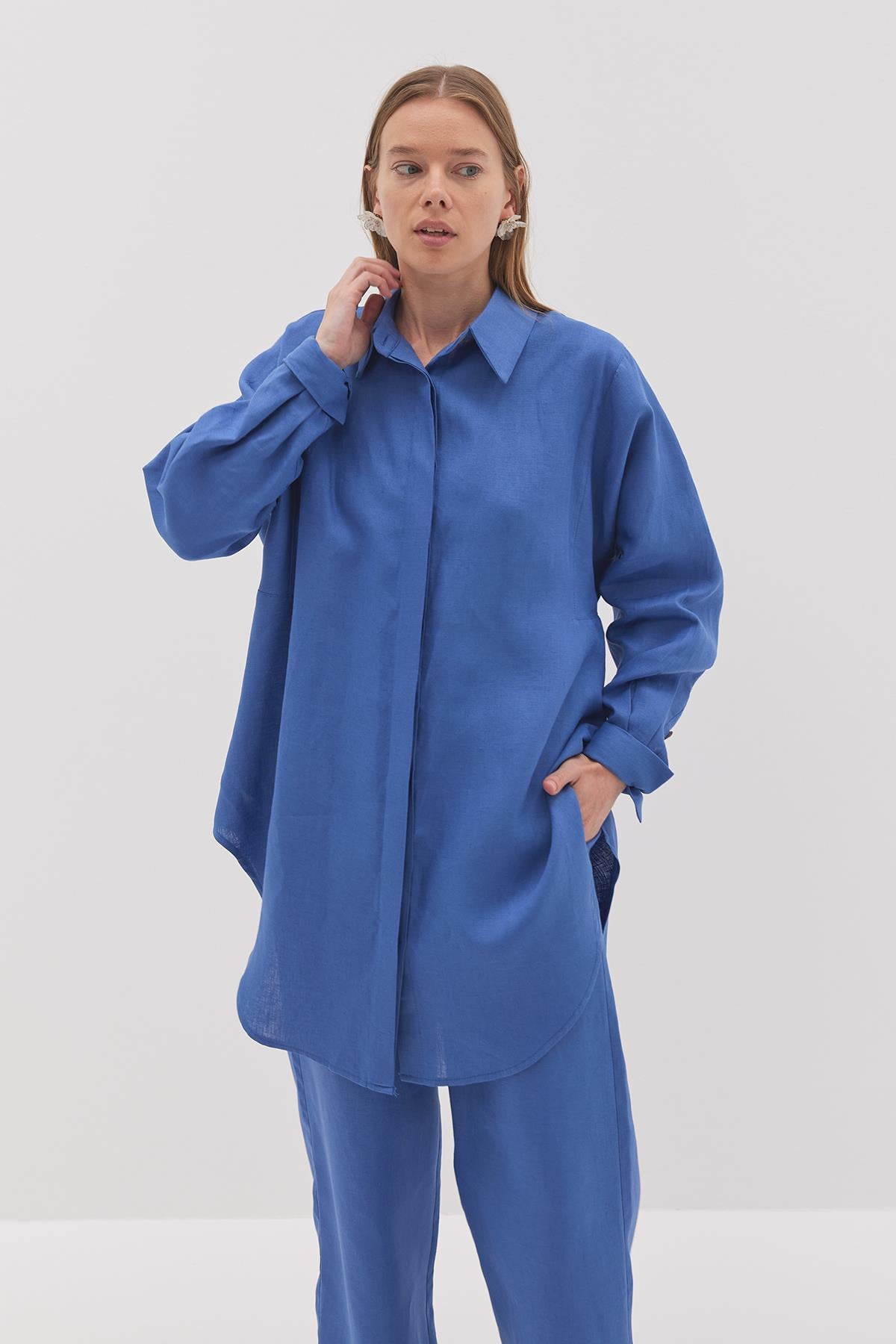 Linen Keten Gömlek - Mavi