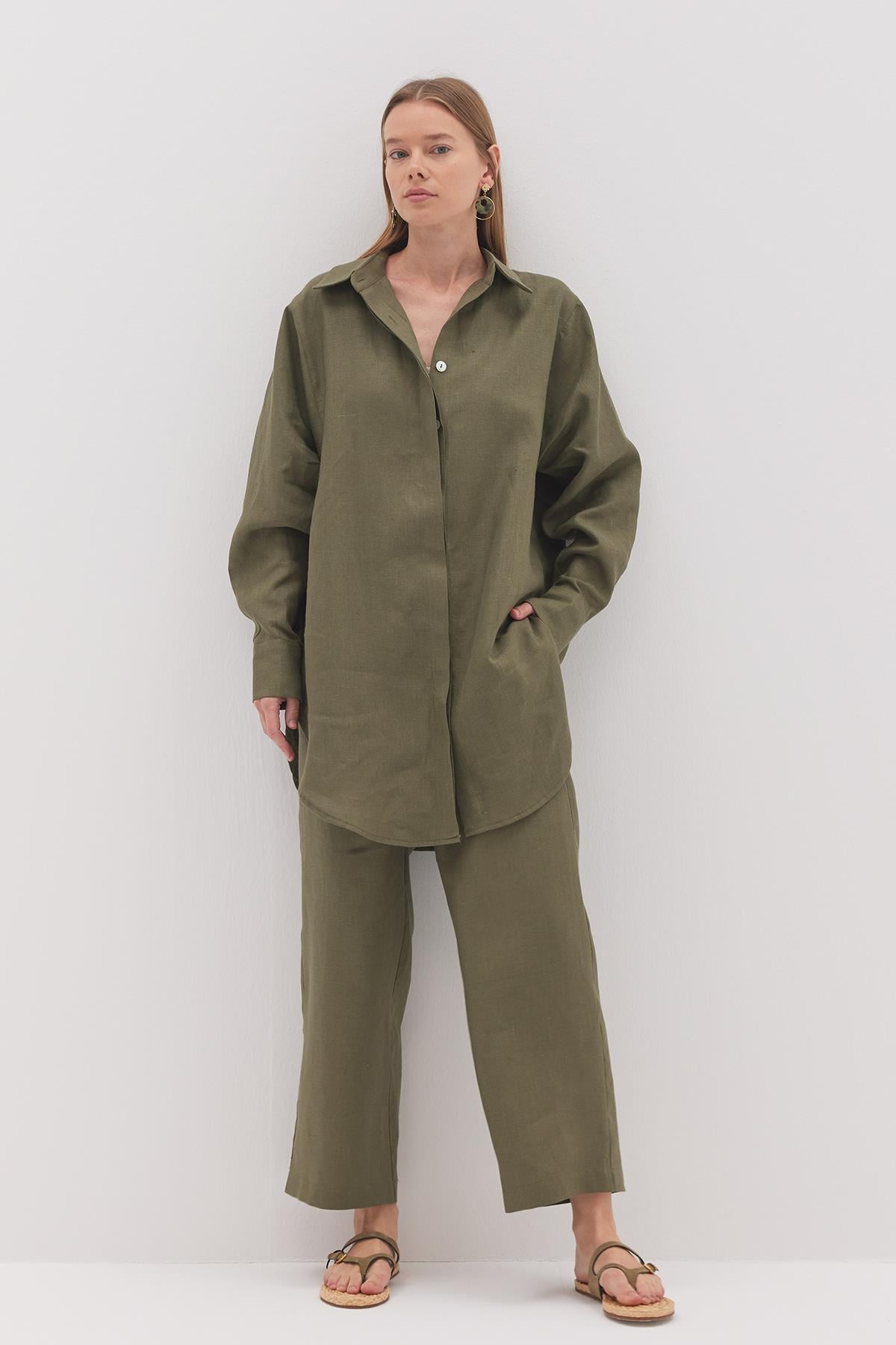 Linen Keten Gömlek - Yeşil