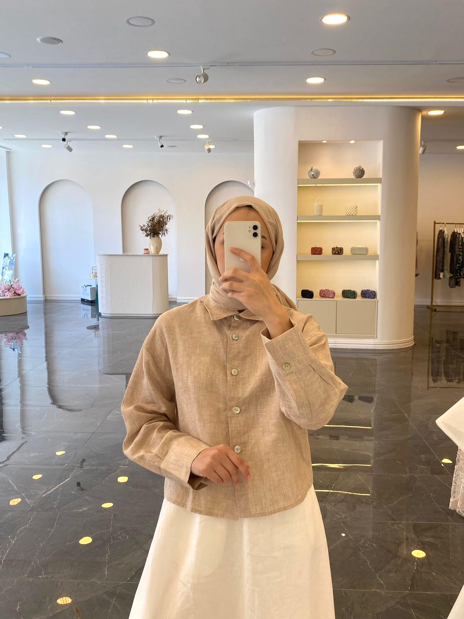 Linen Kısa Gömlek Bej