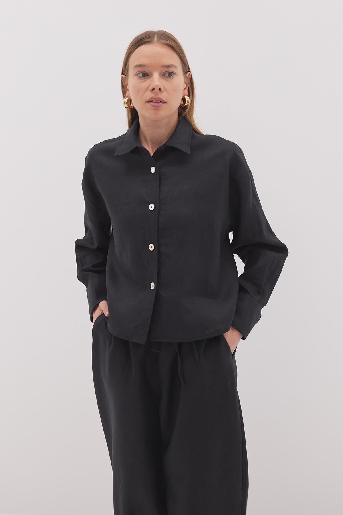 Linen Kısa Gömlek Siyah