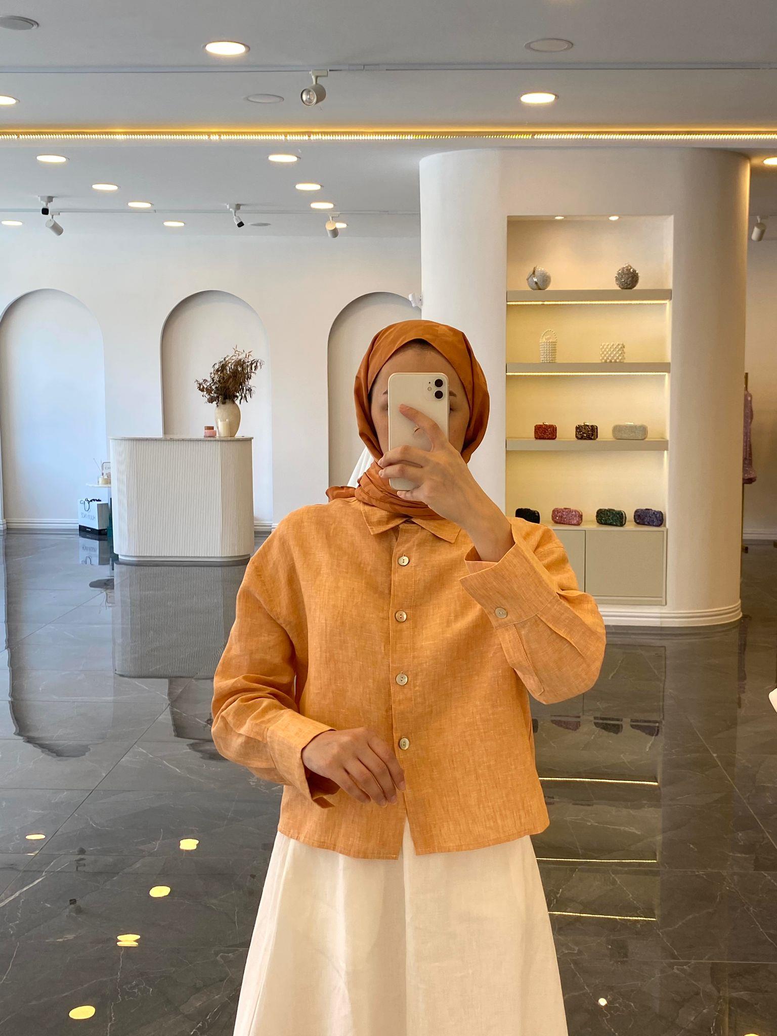 Linen Kısa Gömlek Turuncu