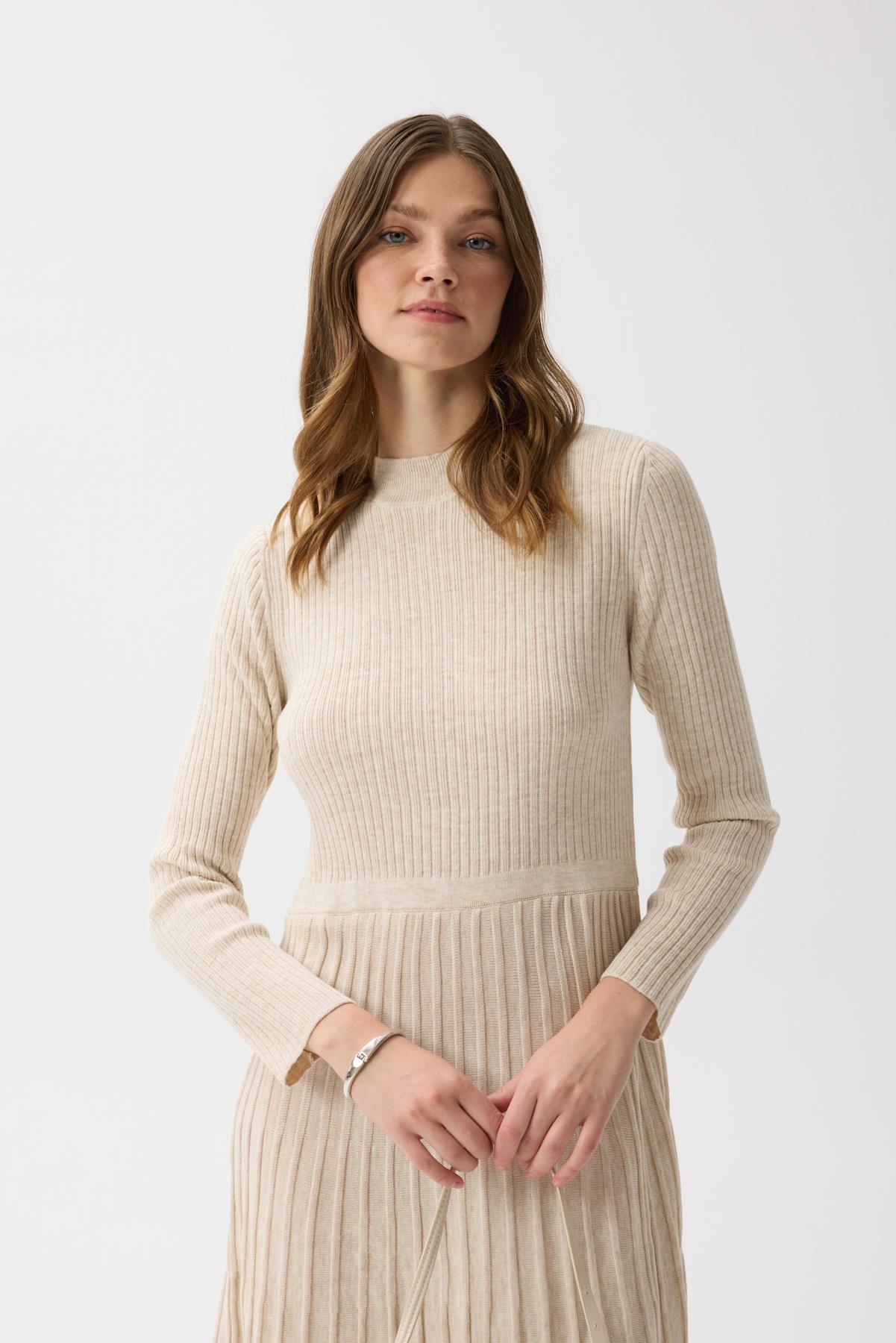 Pileli Triko Elbise Bej