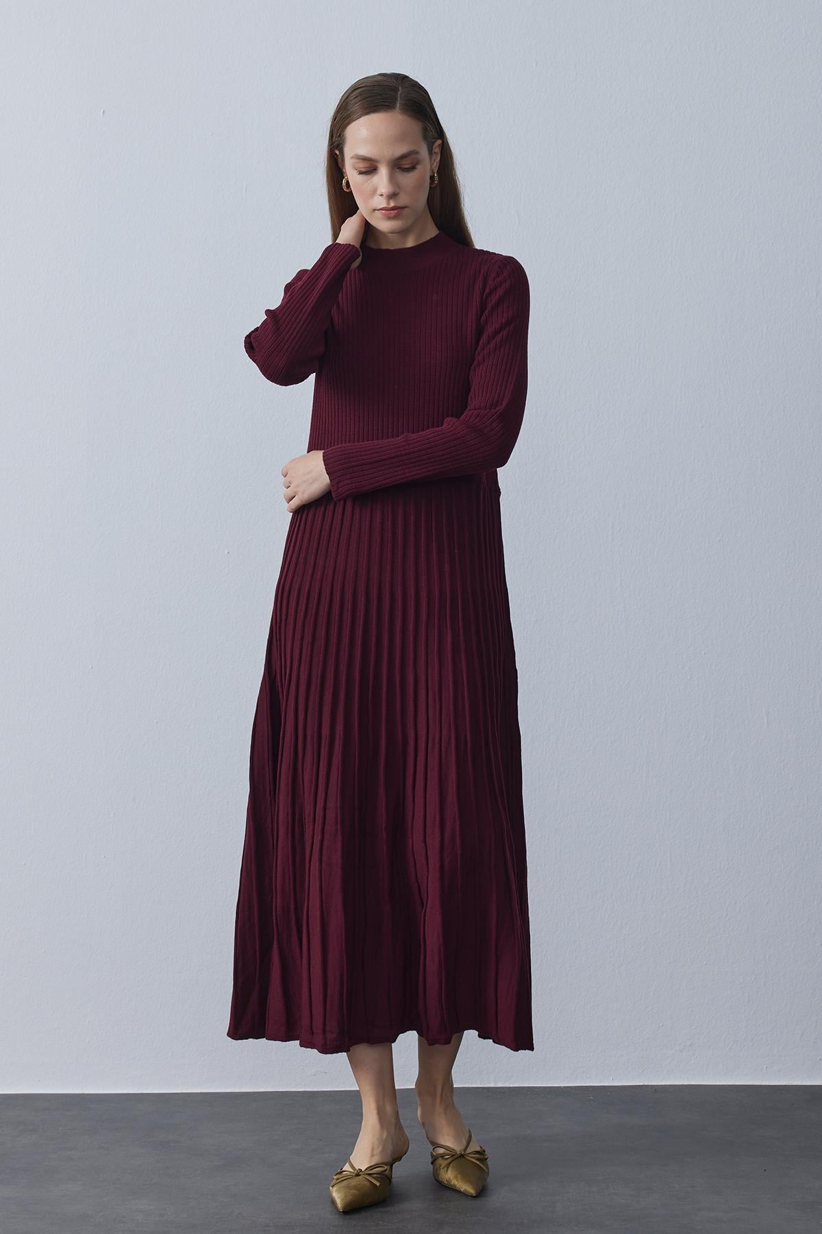 Fitilli Triko Elbise Bordo