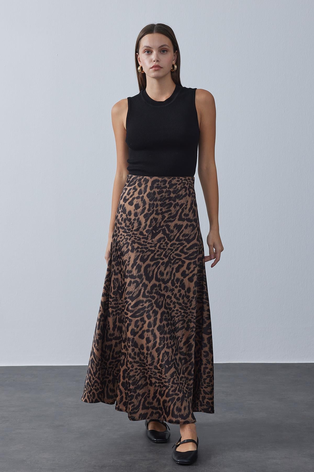 Saten Kloş Etek Leopar