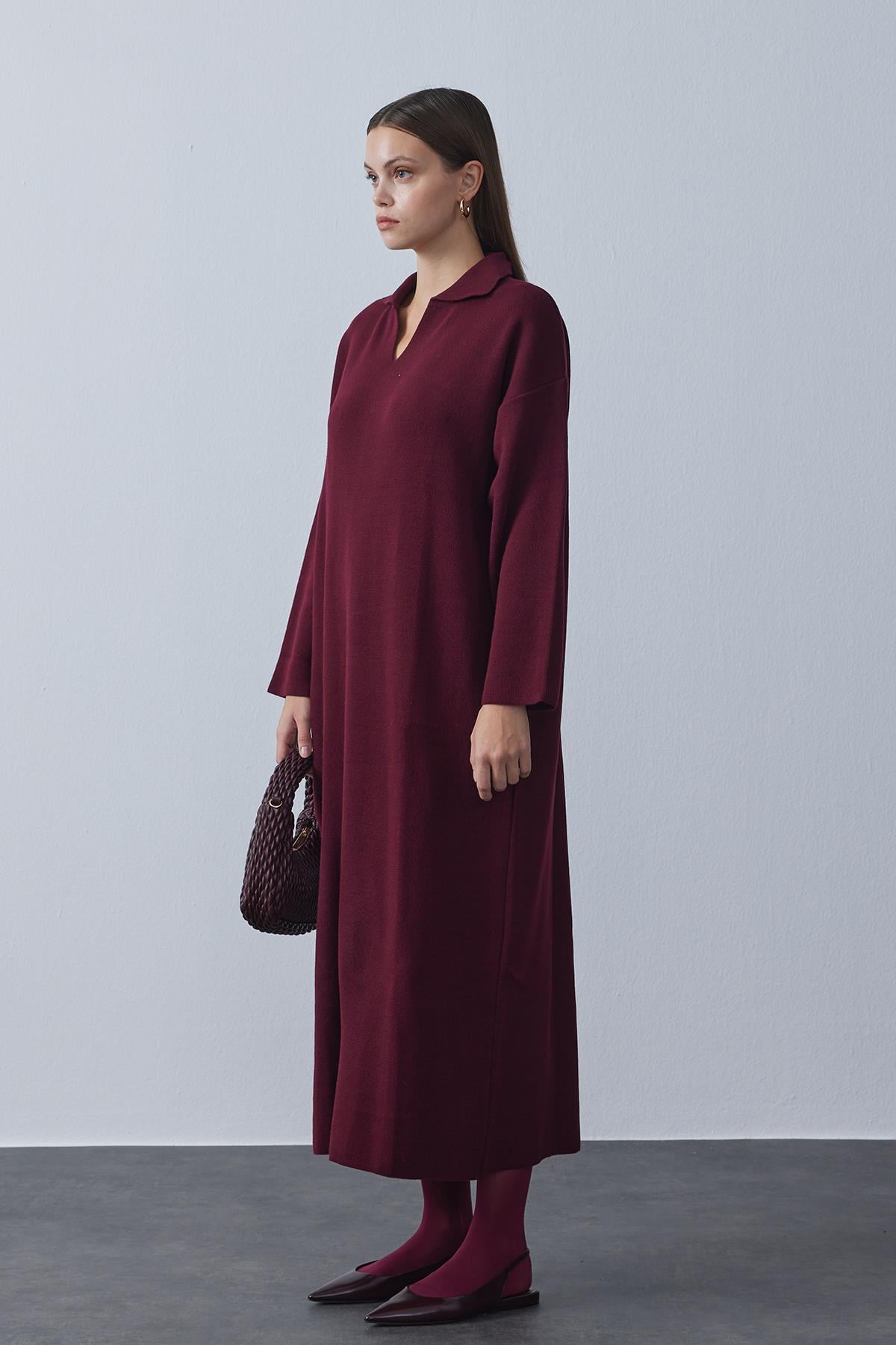 V Yaka Triko Elbise Bordo