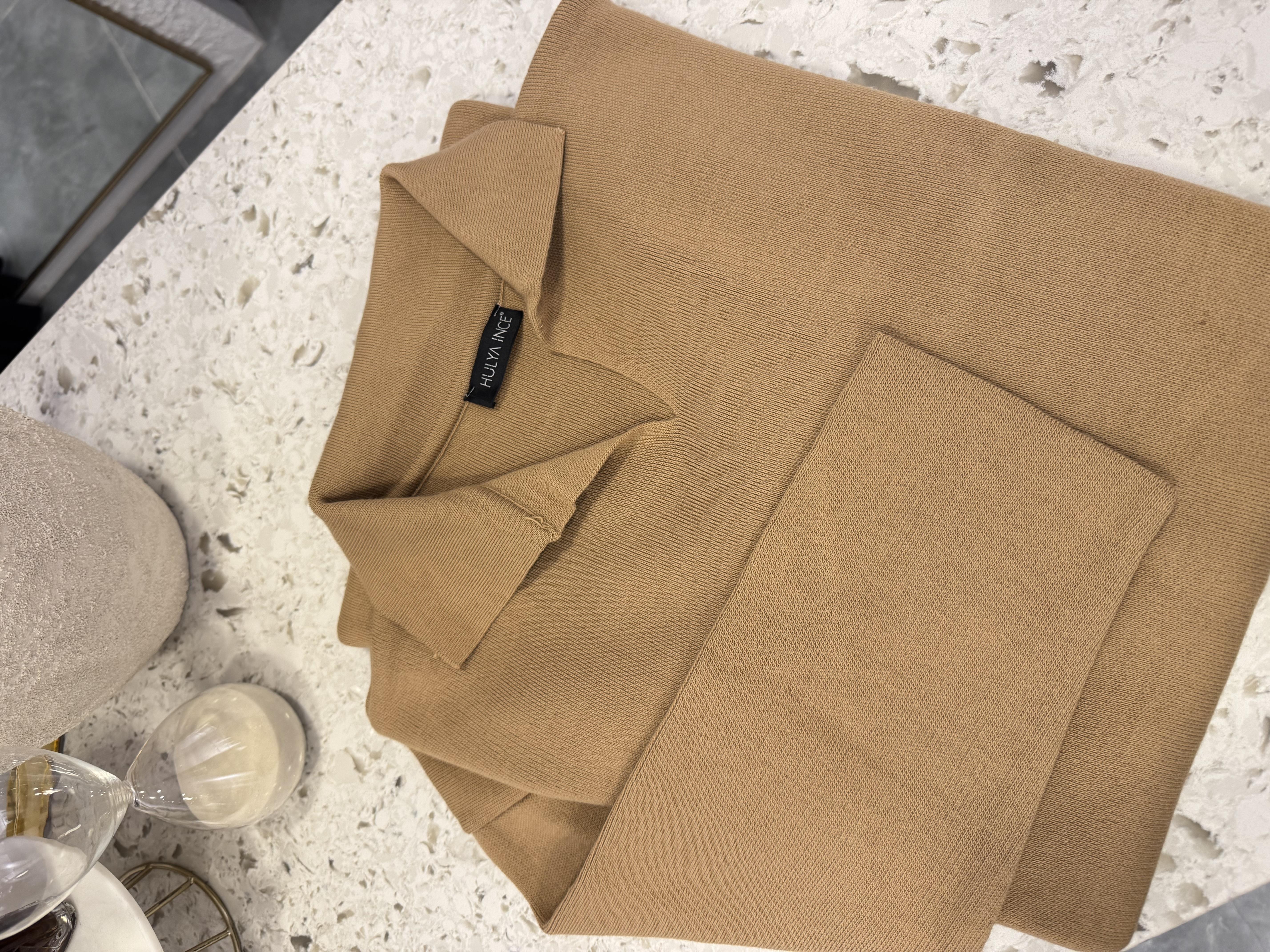 V Yaka Triko Elbise camel