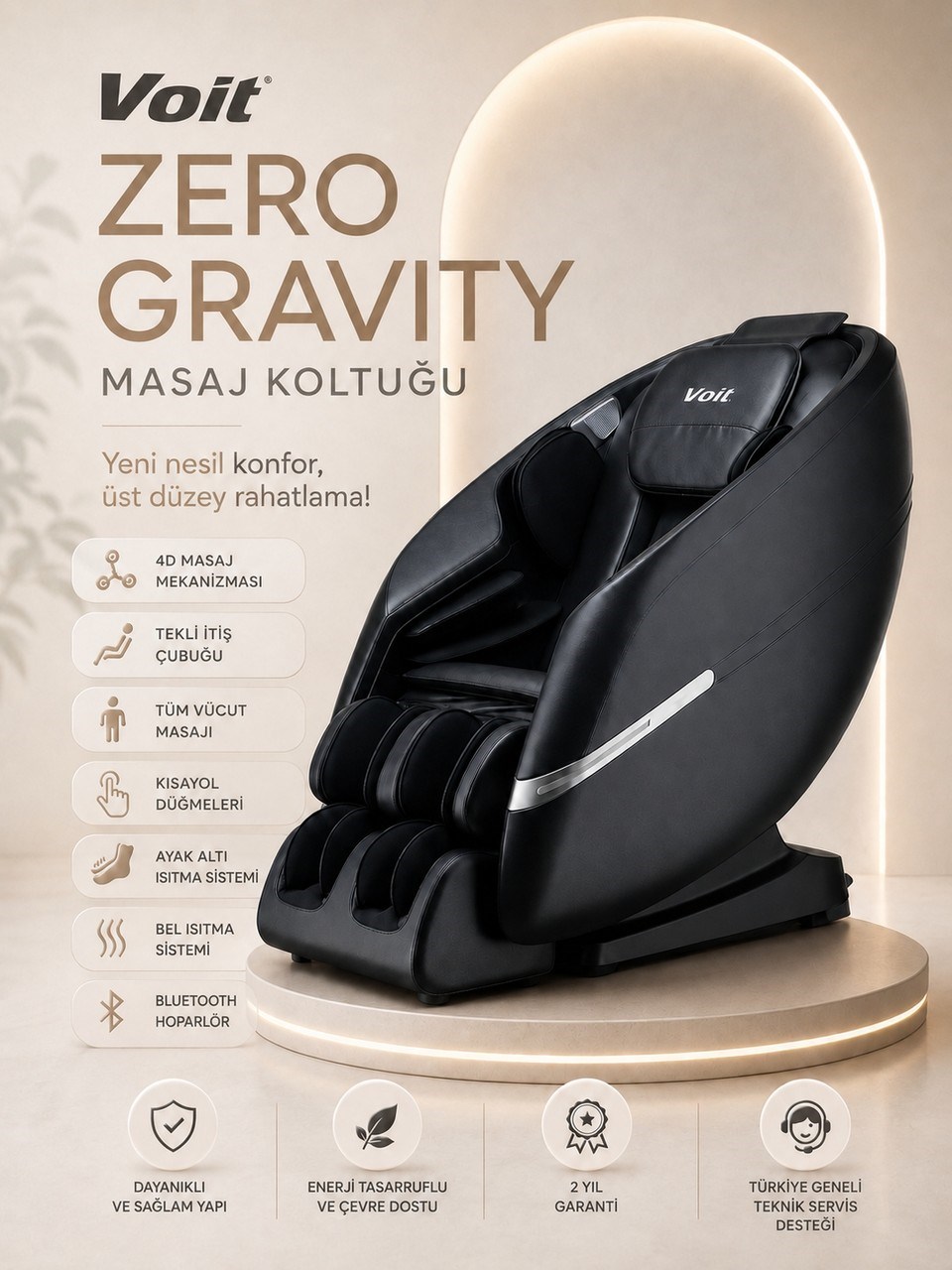 Voit Zero Gravity Masaj Koltuğu 4D Masaj Mekanizması Kumandalı Bluetooth Hoparlör Siyah Renk
