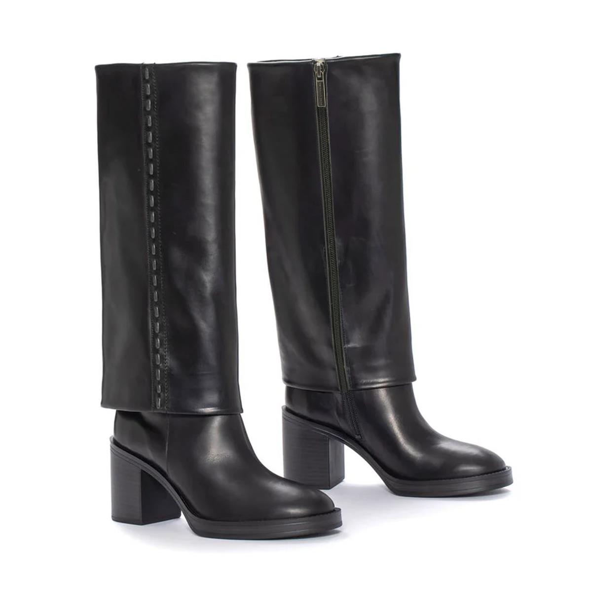 MABEL Hakiki Deri Fermuarlı Kalın Topuklu Kaymaz Taban Kadın Çizme A10 NEGRO (Siyah)
