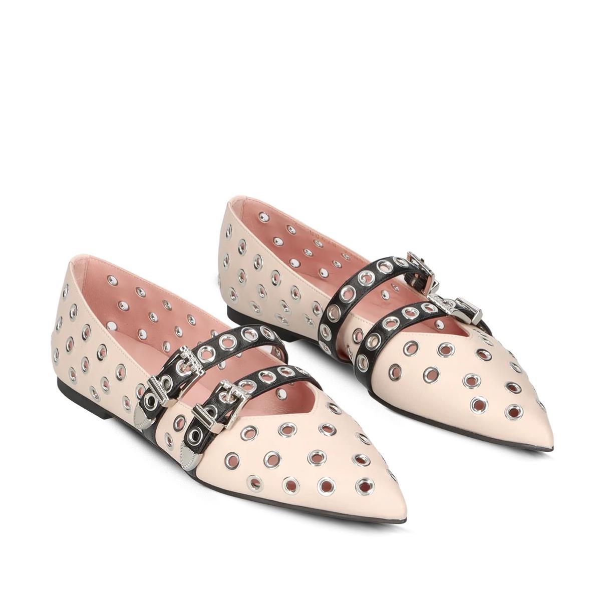 PRETTYBALLERINAS Hakiki Deri Sivri Burunlu Babet Z618 COTON ROSATO COTON NEGRO