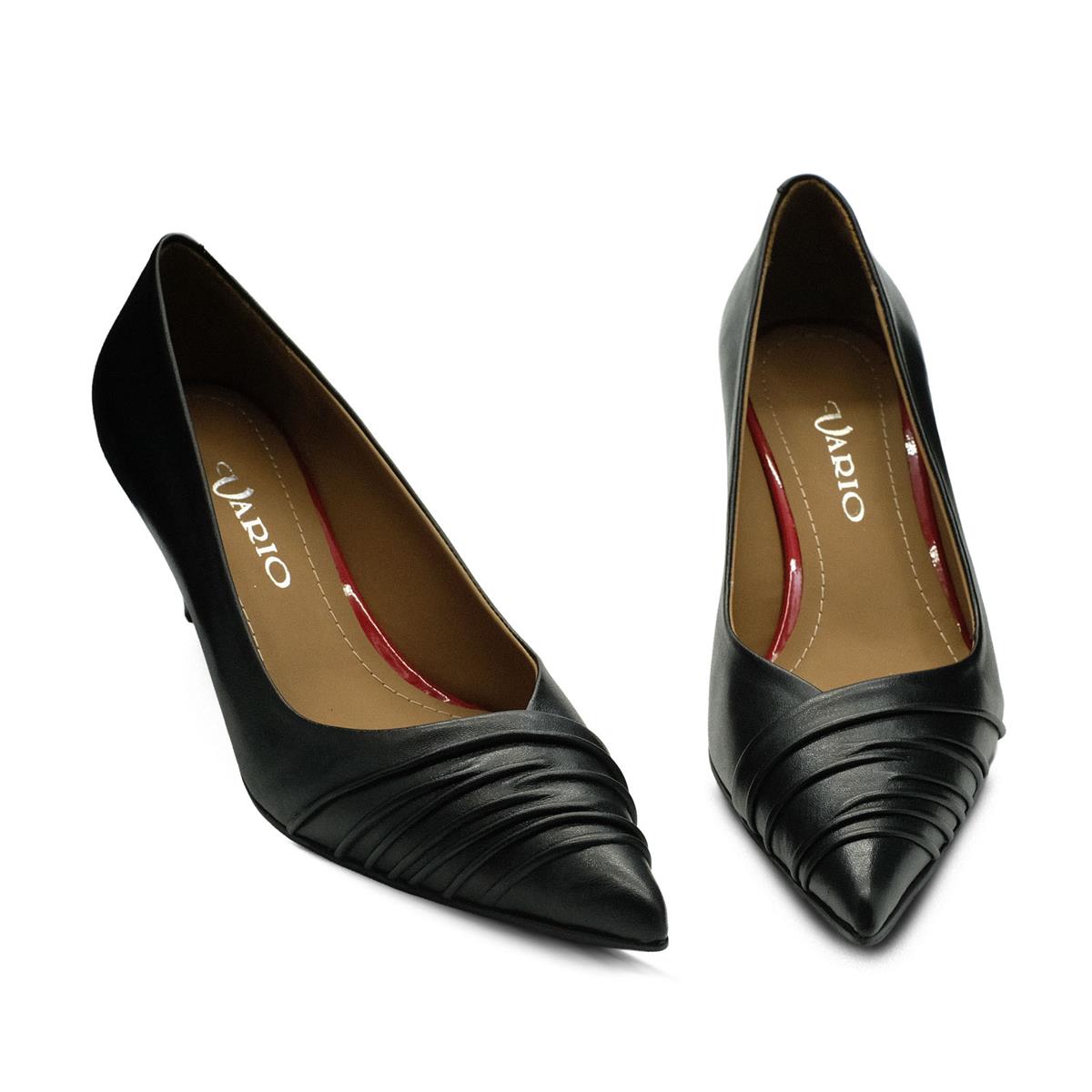 VARIO Hakiki Deri Sivri Burunlu Kısa Topuklu Ayakkabı 053 SIYAH (Black)