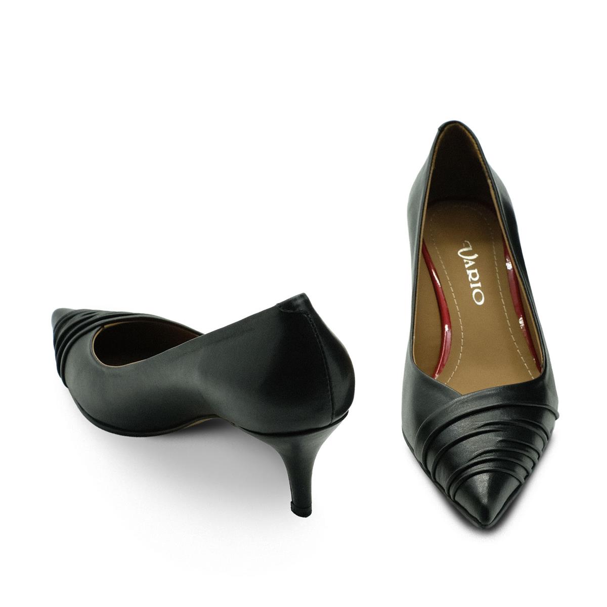 VARIO Hakiki Deri Sivri Burunlu Kısa Topuklu Ayakkabı 053 SIYAH (Black)