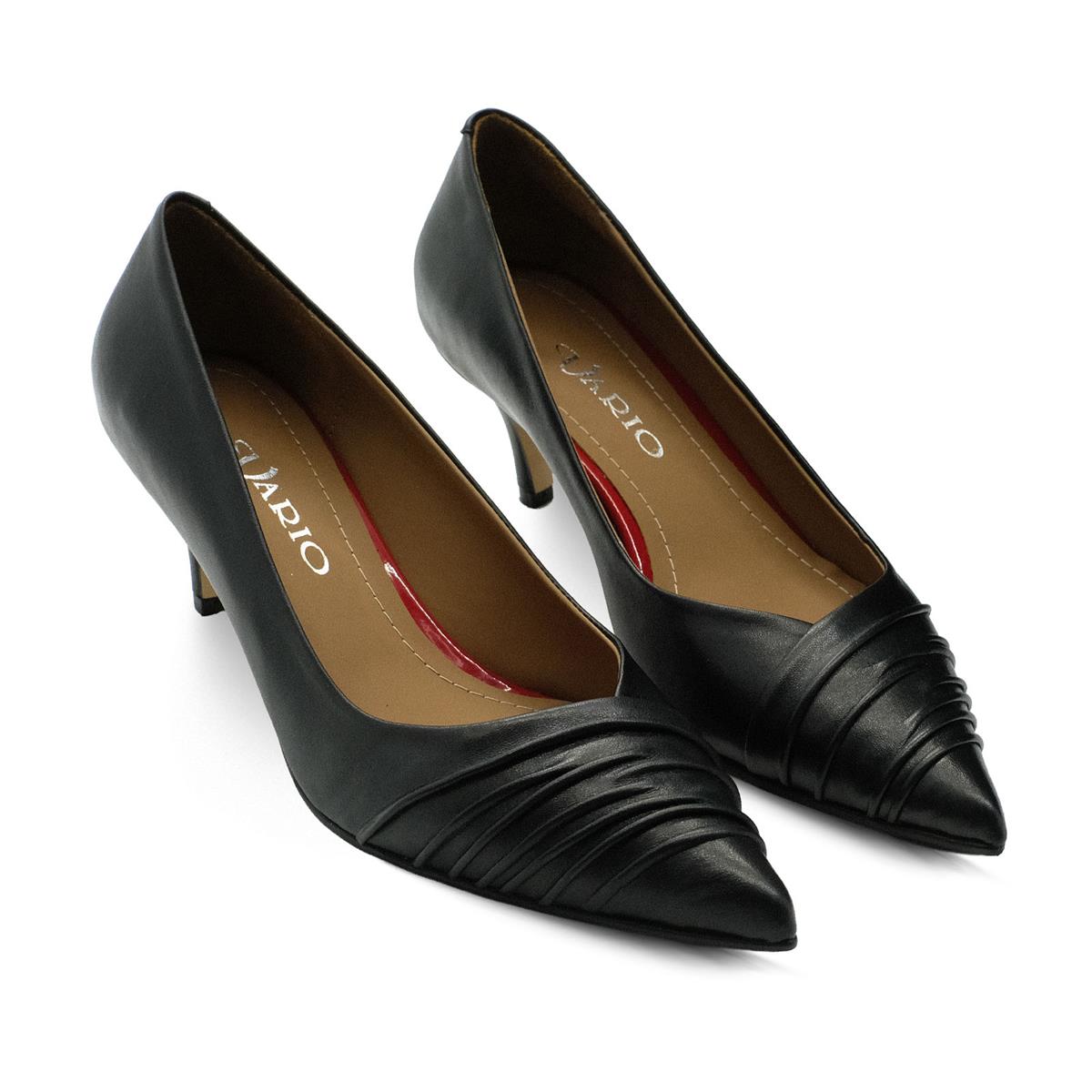 VARIO Hakiki Deri Sivri Burunlu Kısa Topuklu Ayakkabı 053 SIYAH (Black)