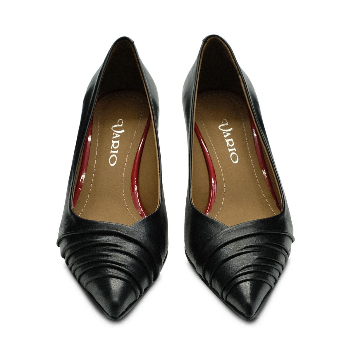 VARIO Hakiki Deri Sivri Burunlu Kısa Topuklu Ayakkabı 053 SIYAH (Black)