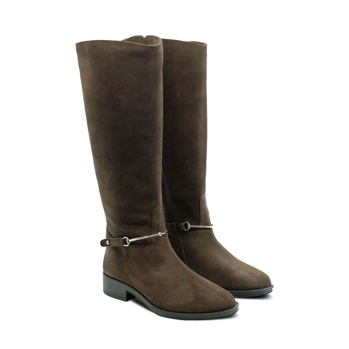 VARIO Diz Altı Fermuarlı Kauçuk Tabalı Çizme Z590 YARMA SUET KAHVE 490 C63 (Split Suede Brown)
