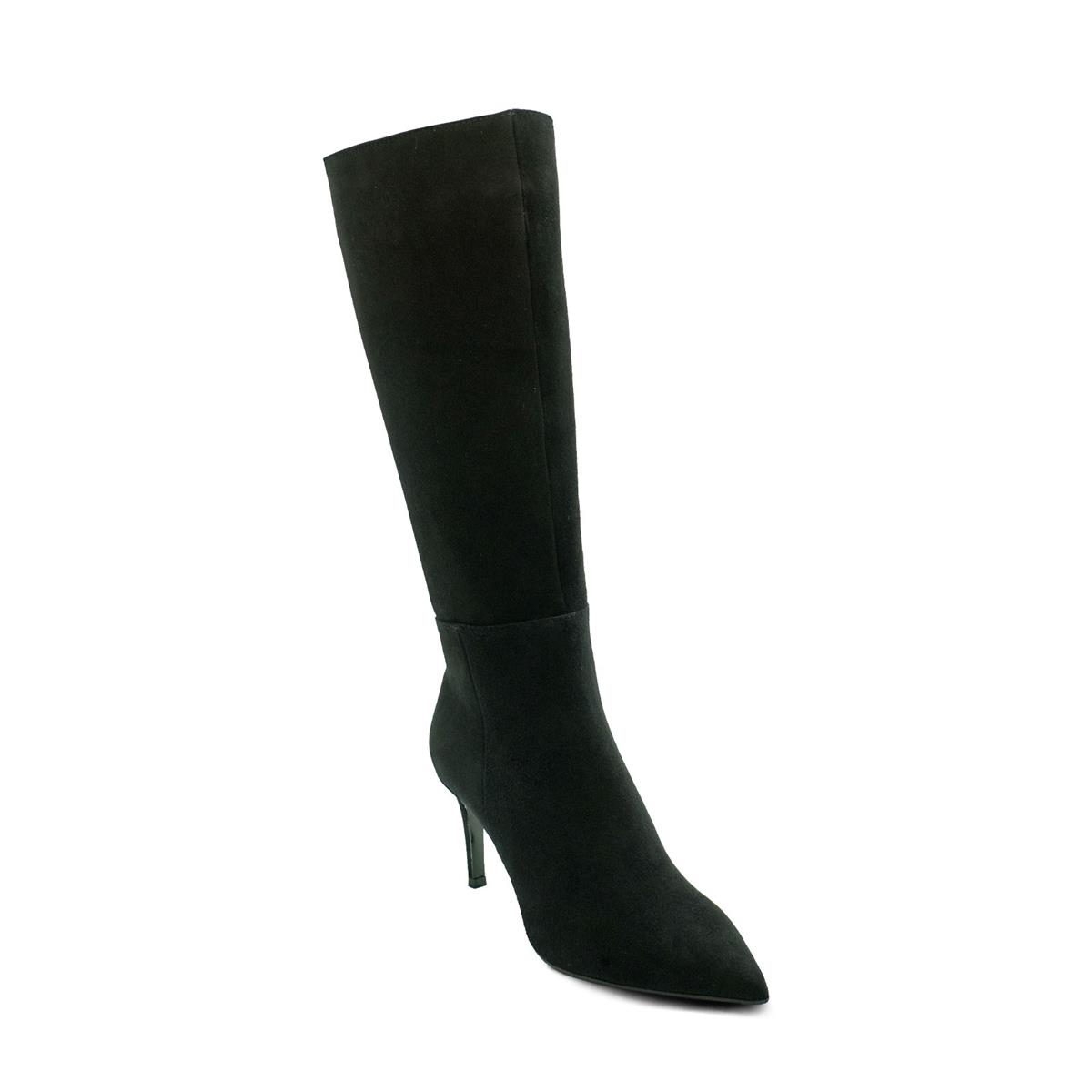 VARIO Sivri Burun Hakiki Süet Deri Fermuarlı Kaymaz Taban Kadın Çizme Z524 SÜET SİYAH C03 (Suede Black)