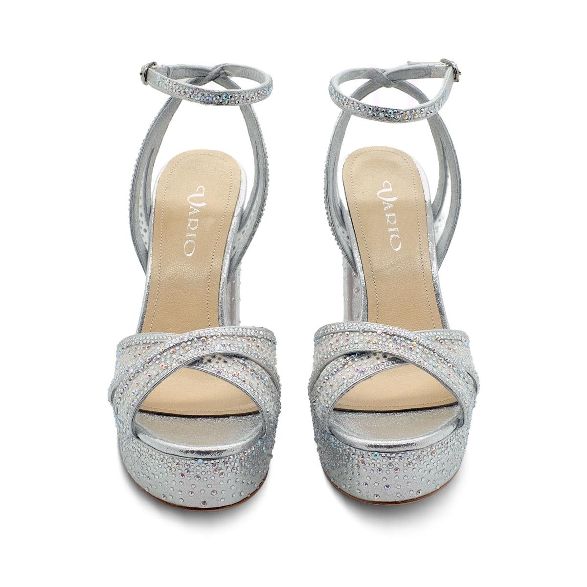 VARIO Taş Detaylı Platform Topuklu Bilek Bantlı Ayakkabı Z556 GÜMÜŞ SATEN BEYAZ + KRISTAL