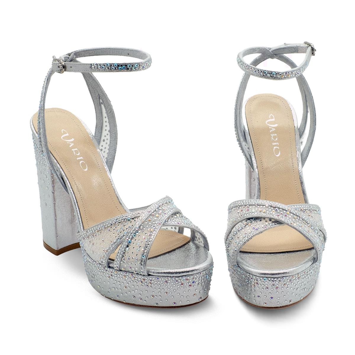 VARIO Taş Detaylı Platform Topuklu Bilek Bantlı Ayakkabı Z556 GÜMÜŞ SATEN BEYAZ + KRISTAL