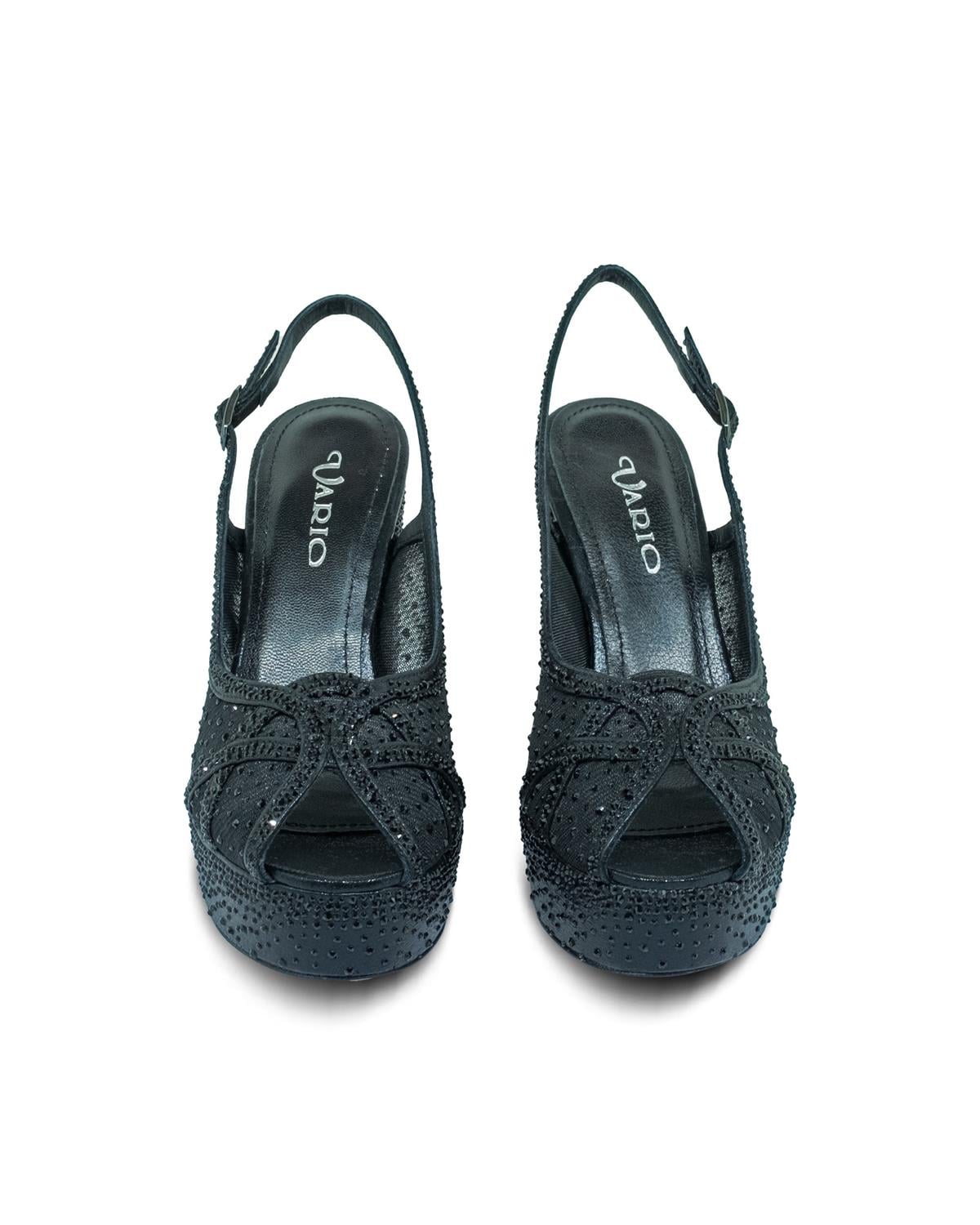 VARIO Kristal Taşlı File ve Saten Platform Topuklu V07 SIYAH SATEN TASLI (Black Satin Stone)