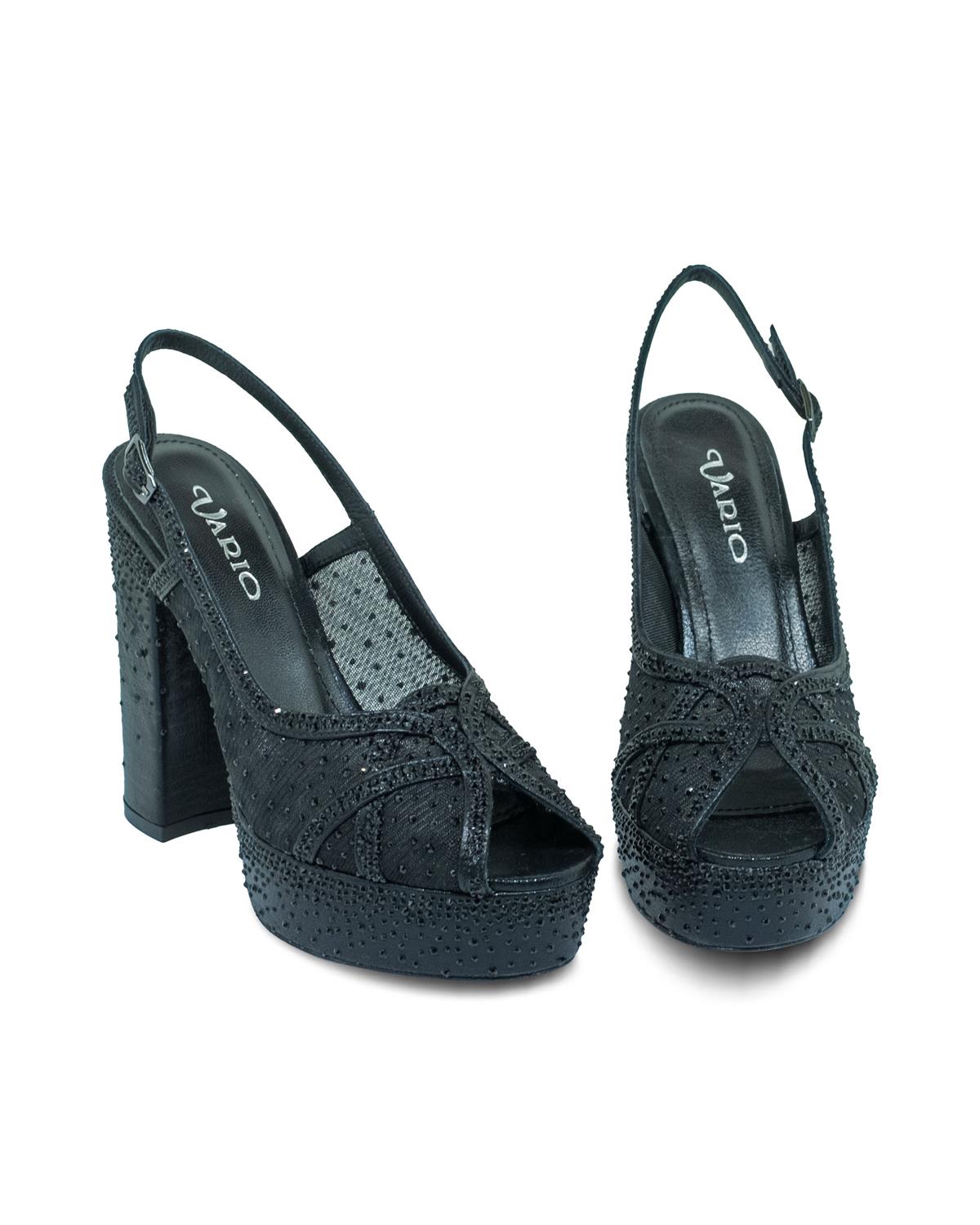 VARIO Kristal Taşlı File ve Saten Platform Topuklu V07 SIYAH SATEN TASLI (Black Satin Stone)