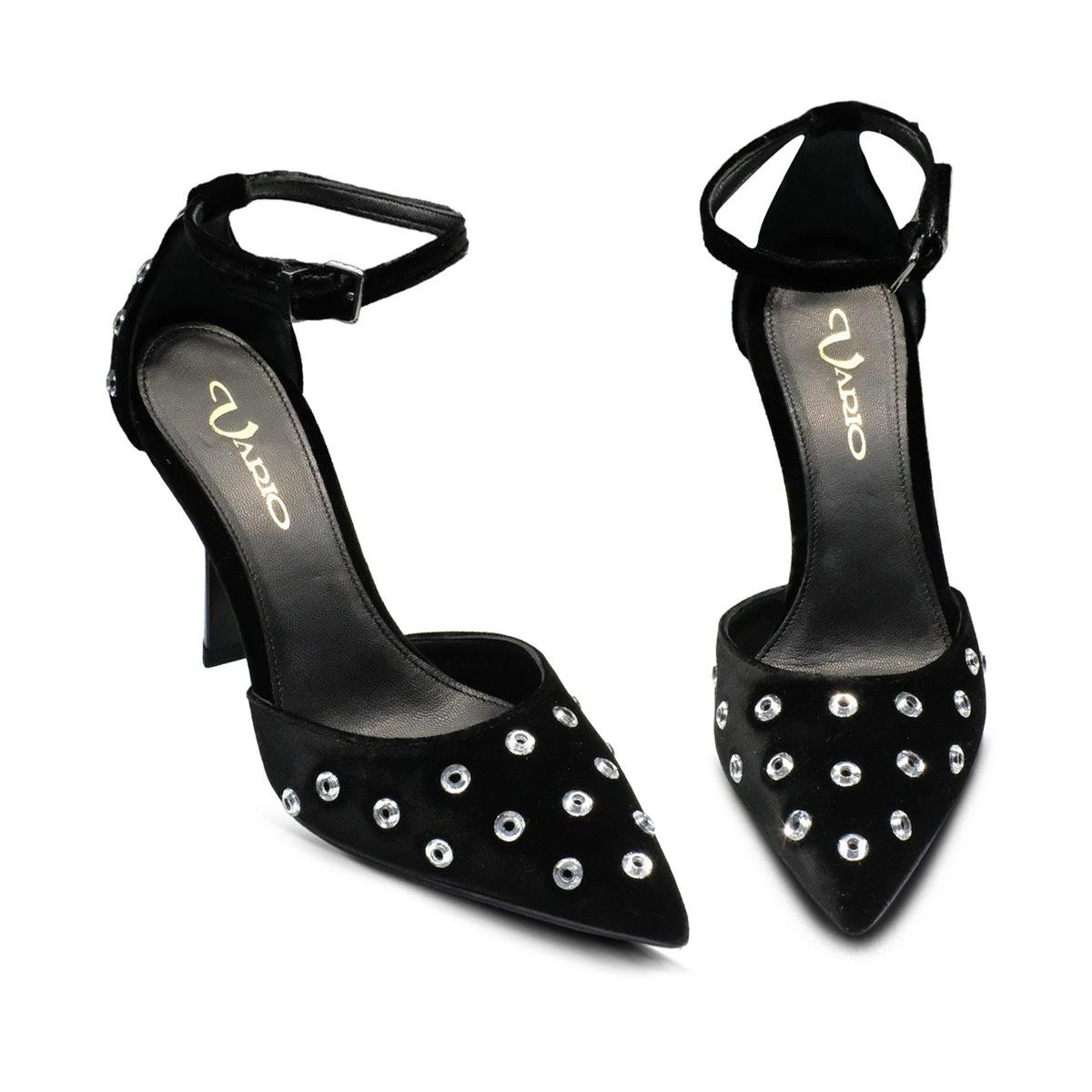 VARIO Kadife Taş Detaylı Bilekten Tokalı Kadın Topuklu Ayakkabı 244 VELLUTO NERO (Kadife Siyah)