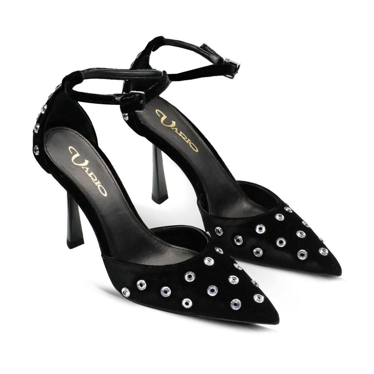 VARIO Kadife Taş Detaylı Bilekten Tokalı Kadın Topuklu Ayakkabı 244 VELLUTO NERO (Kadife Siyah)