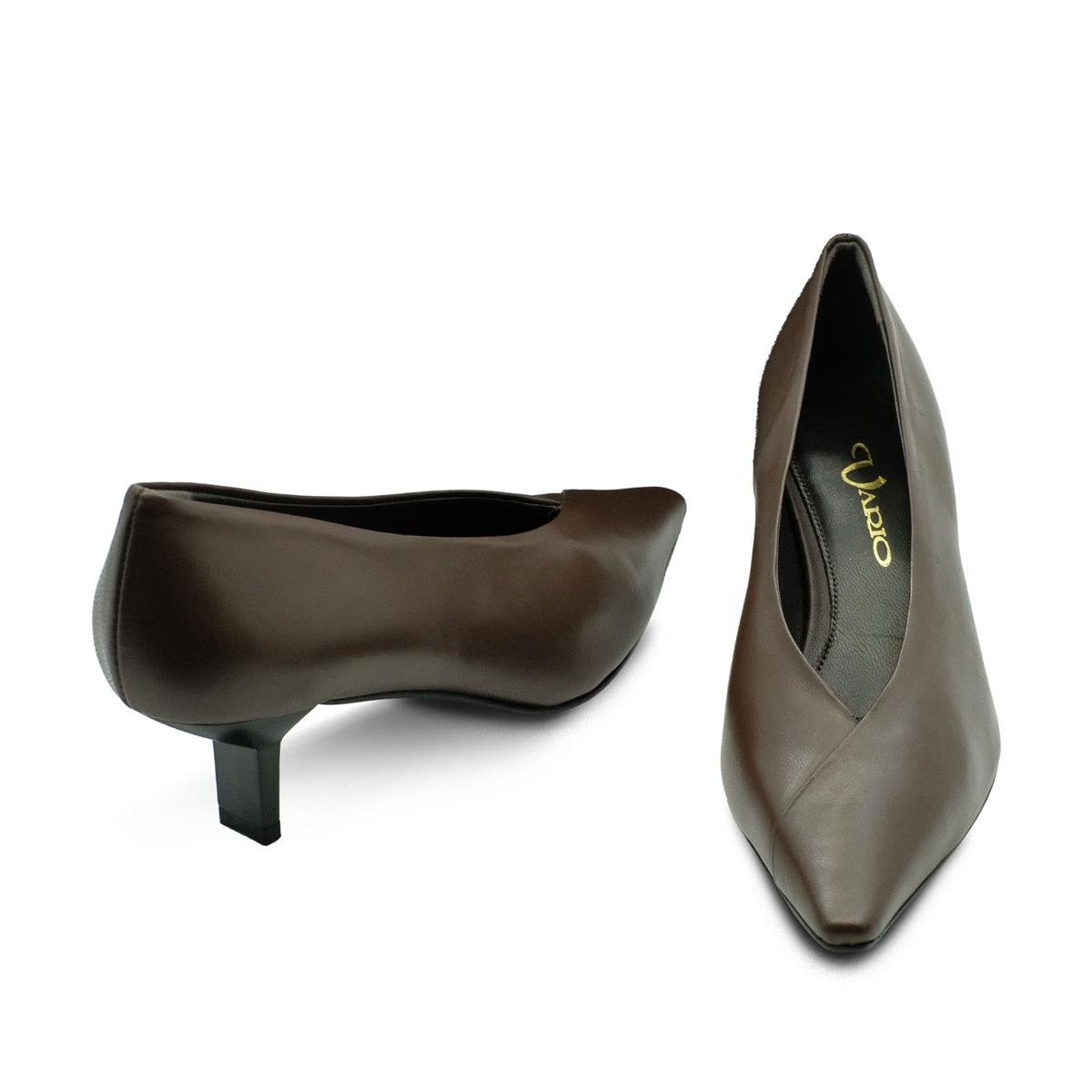 VARIO Hakiki Deri Sivri Burunlu Kare Topuklu Ayakkabı Z595 NAPPA FONTEDE (Kahverengi)